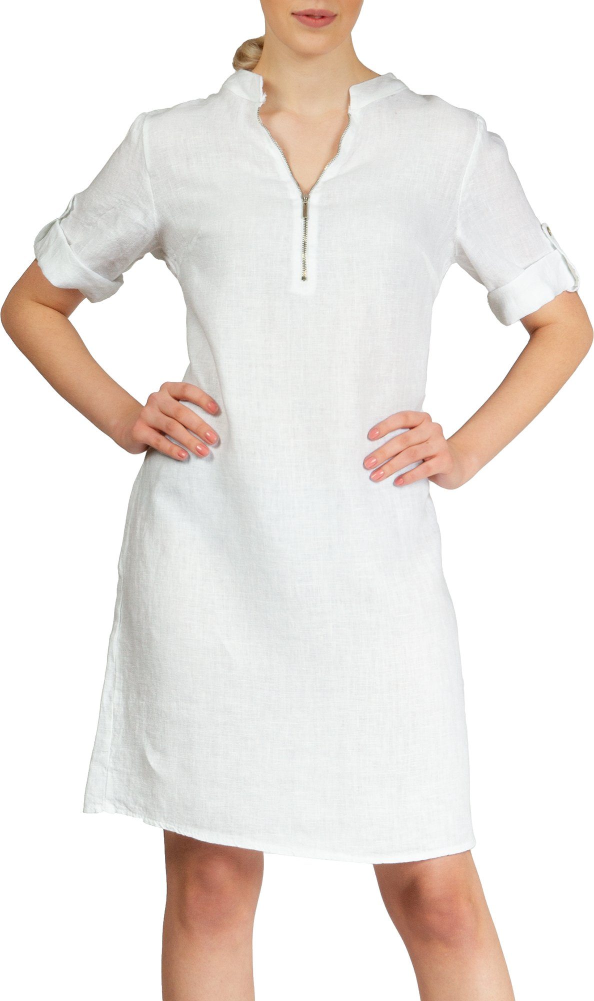 Caspar Sommerkleid SKL037 knielanges Damen Leinenkleid mit Reißverschluss Ausschnitt Luftig leicht, figurumspielende Form, mit seitlichem Jersey-Einsatz