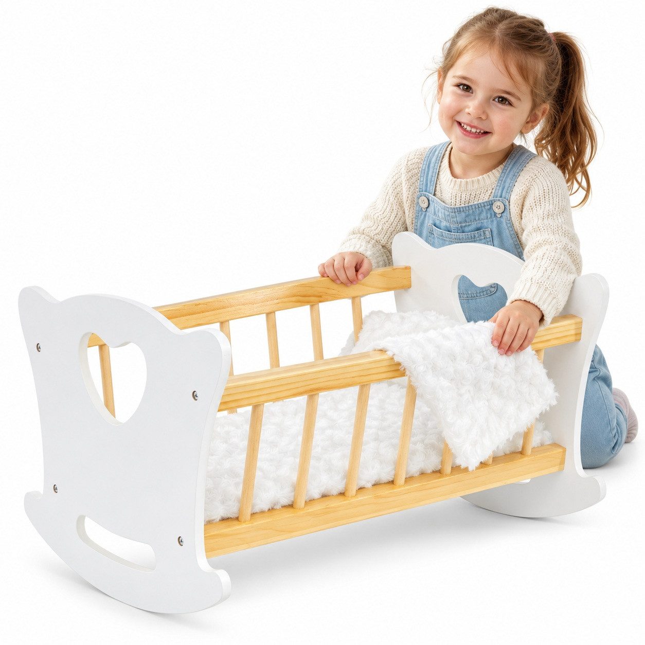 Kinderplay Dolls & Strollers Puppenwiege Holz Puppenwiege mit Bettwäsche – klassisch – für Kinder – Herzmotiv