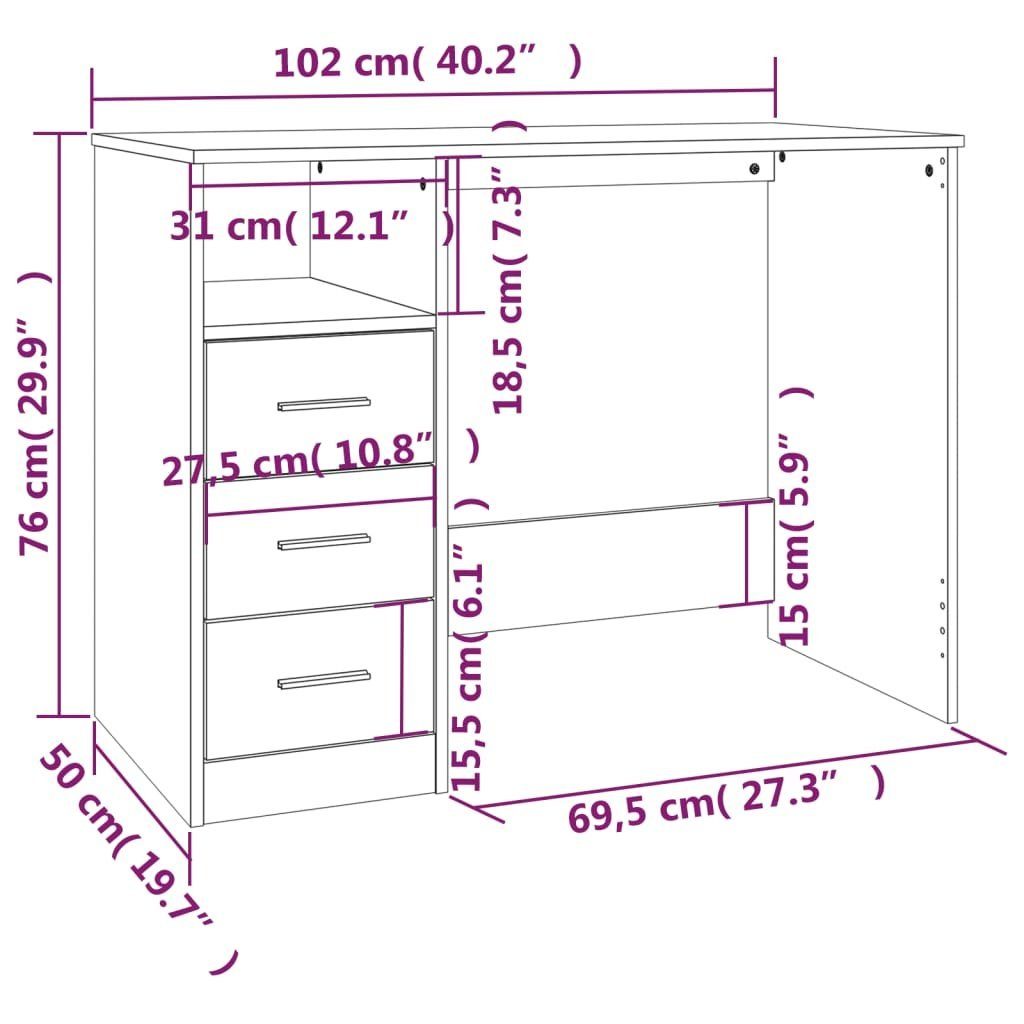 Holzwerkstoff 102x50x76 Weiß mit Schreibtisch Schubladen furnicato cm