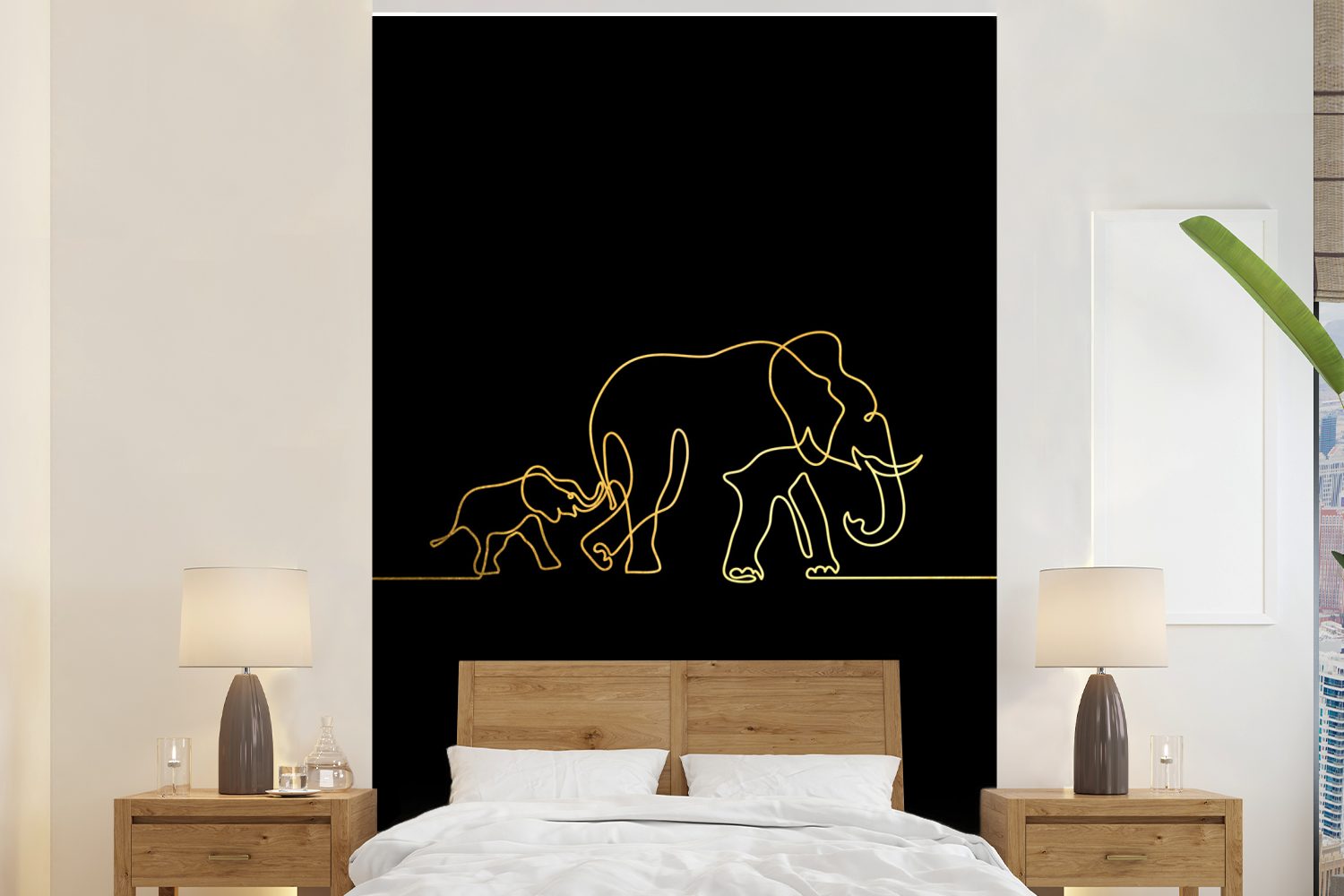 Wohnzimmer, Wandtapete (3 St), - Fototapete - MuchoWow - Vinyl Einfach für Montagefertig Tapete bedruckt, Elefant Gold Matt, Schwarz,