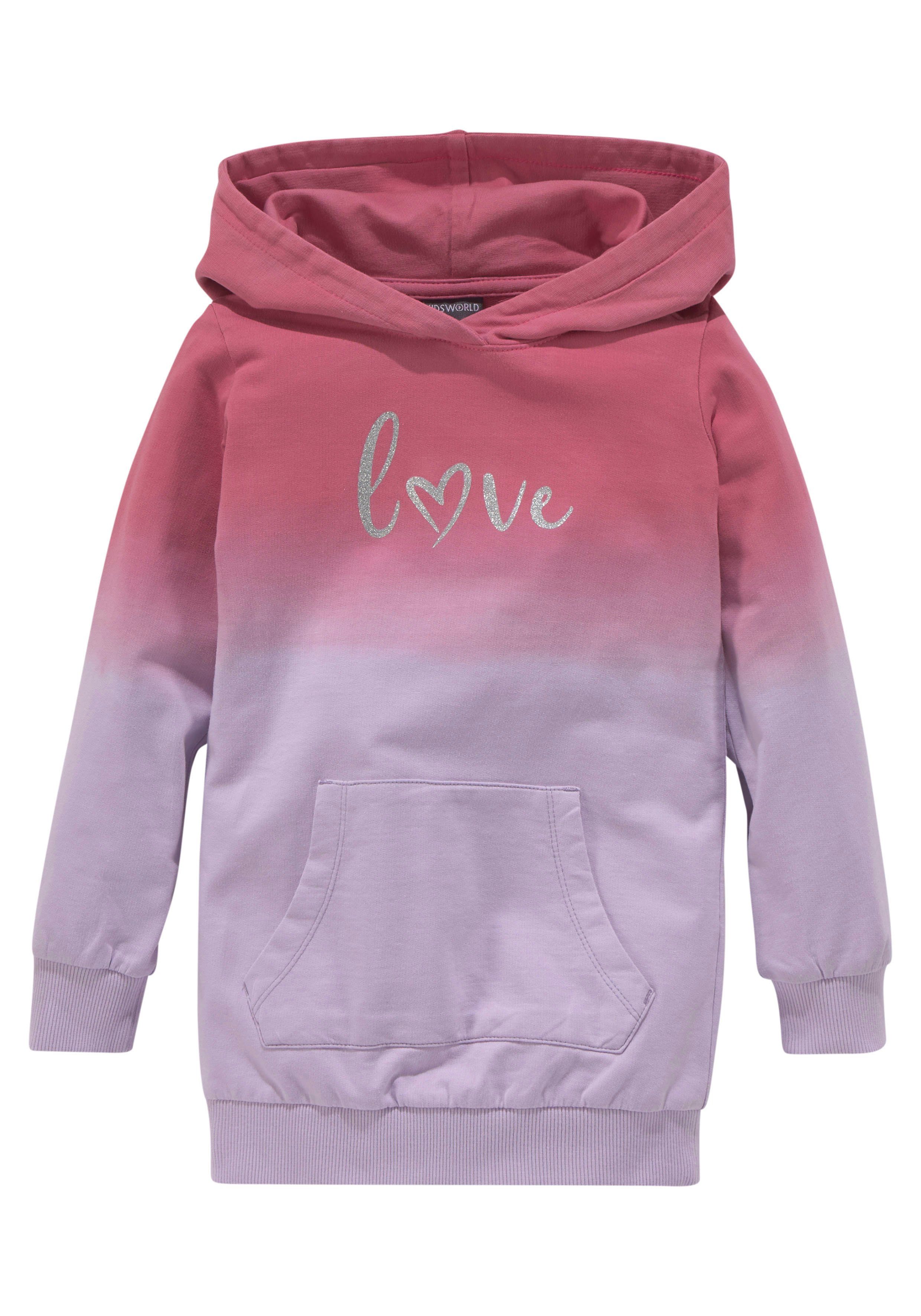 KIDSWORLD Kapuzensweatshirt, Longsweatshirt mit LOVE print Langarm, po-bedeckend, mit Glitzerdruck, aus Baumwolle. Reduzierter Preis € 24,99. Unverbindliche Preisempfehlung € 29,99