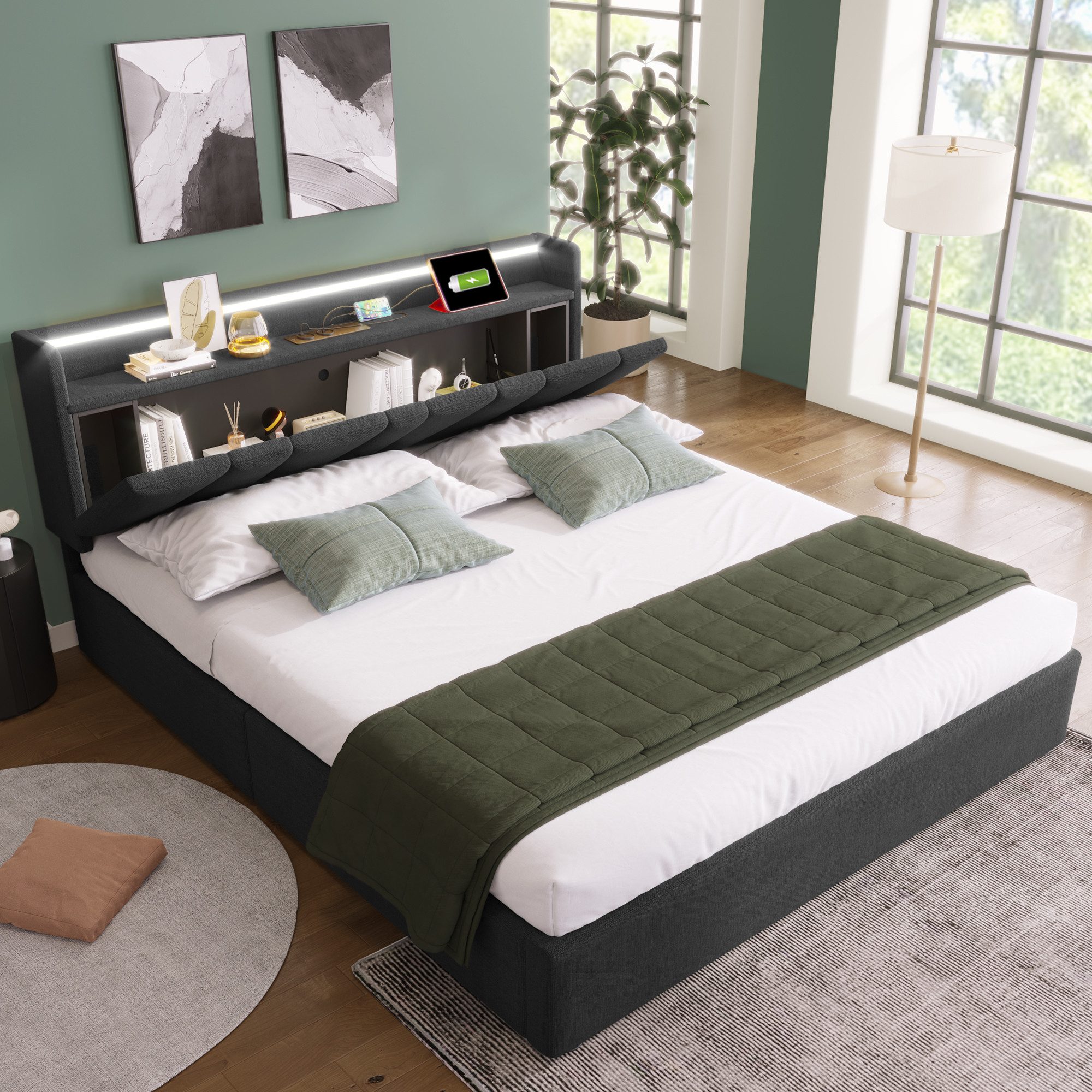 Polsterbett 160x200 Jugendbett mit Stauraum,Bettgestell mit USB Ladefunktion&LED