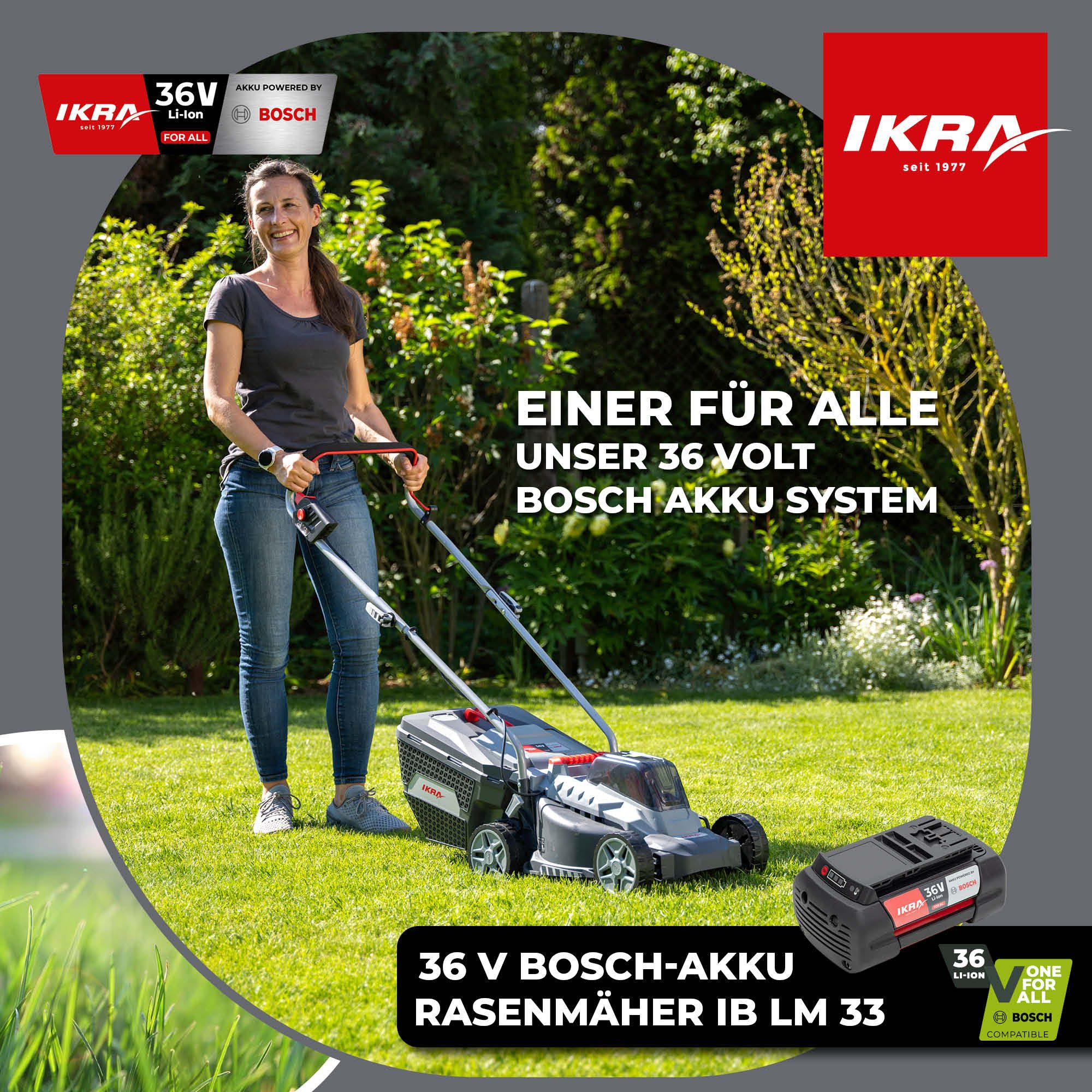 ikra GmbH Akkurasenmäher IB-LM 33, 33 cm Schnittbreite, (OHNE AKKU & LADERGERÄT), kompatibel mit BOSCH 36V