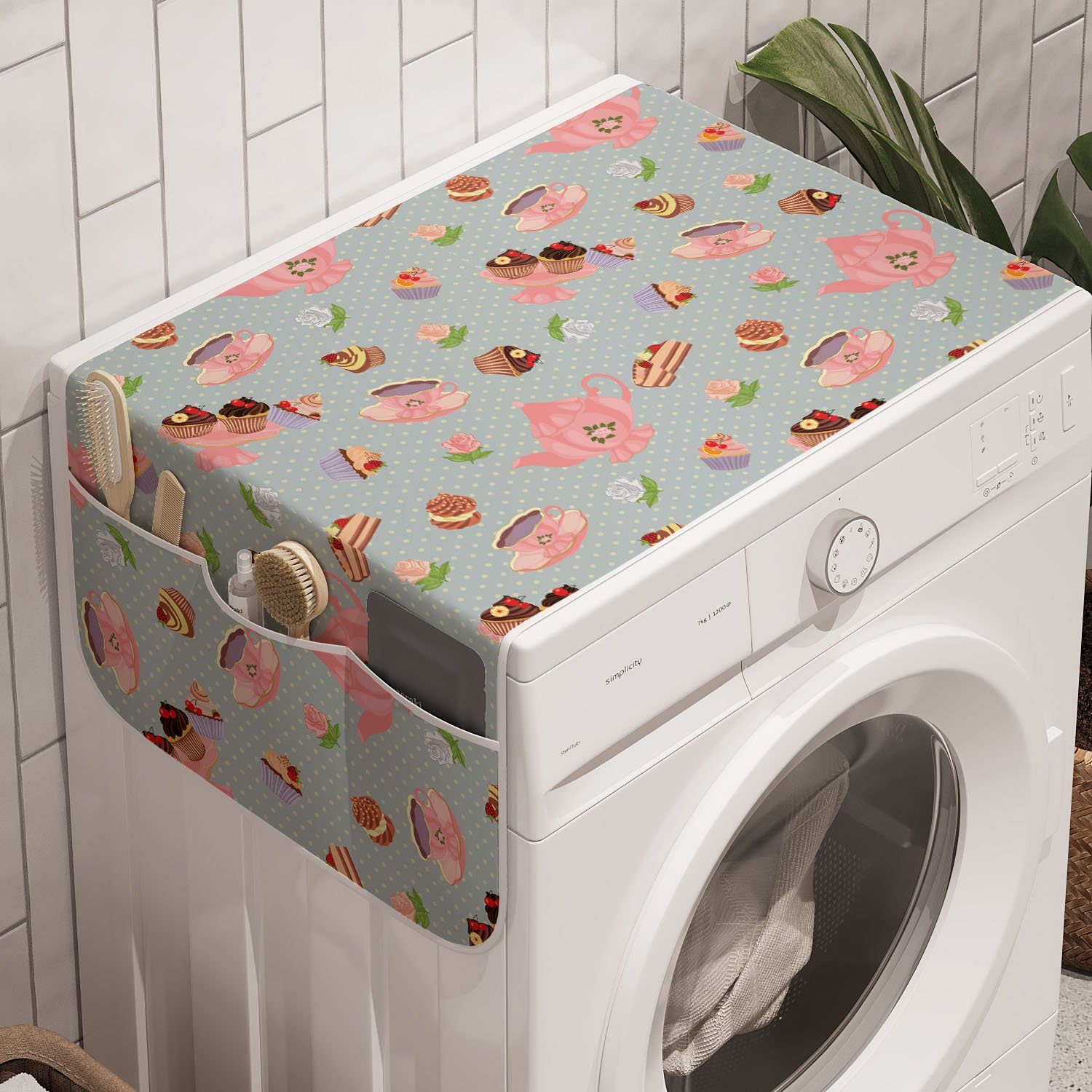 Abakuhaus Badorganizer Anti-Rutsch-Stoffabdeckung für Waschmaschine und Trockner, Tee-Party Blumen und kleine Kuchen