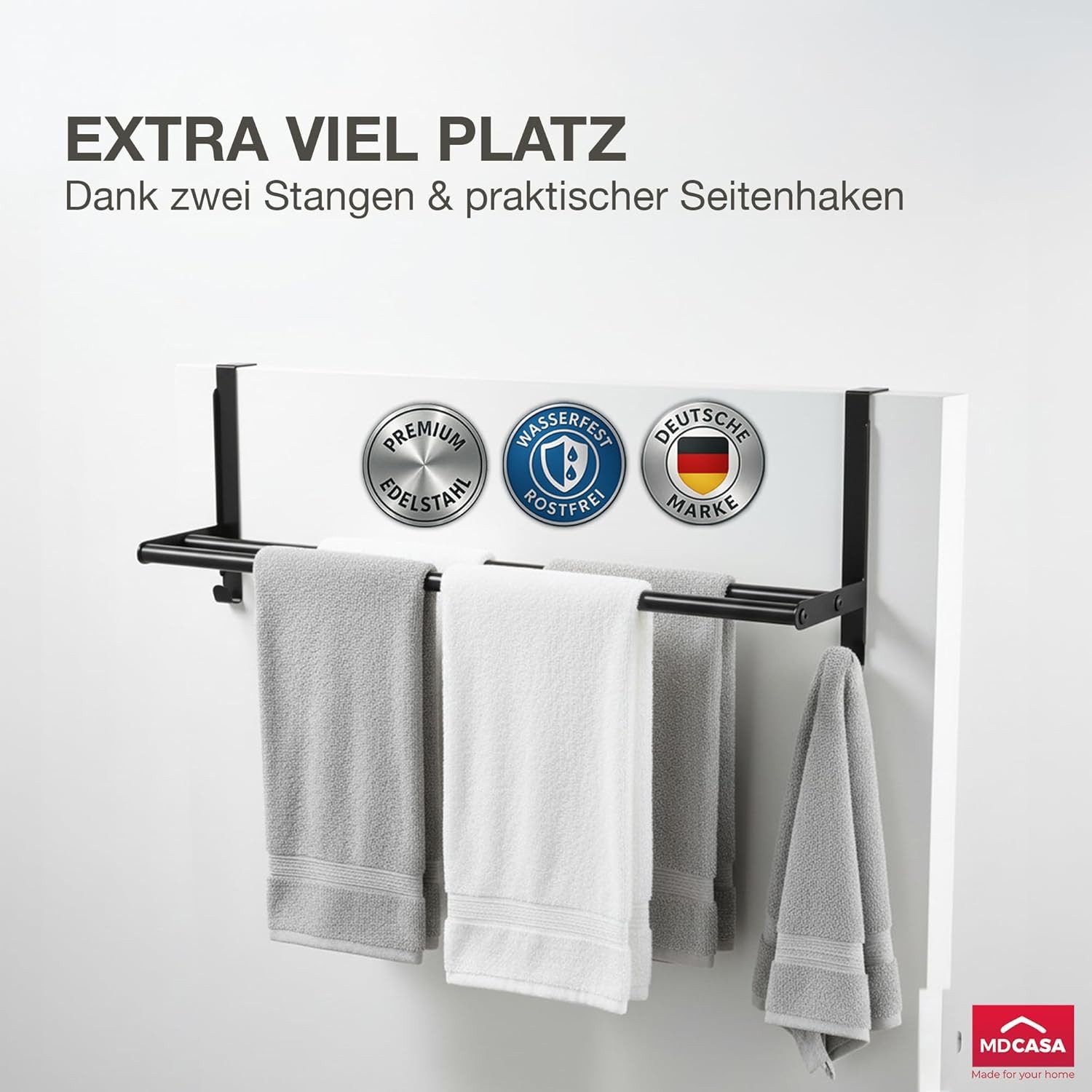 MDCASA Handtuchstange I Stabiler Handtuchhalter ohne Bohren für alle gängigen Türen, Längenverstellbar 43 bis 80 cm, inkl. Kratzschutz – Bild 4 von 5