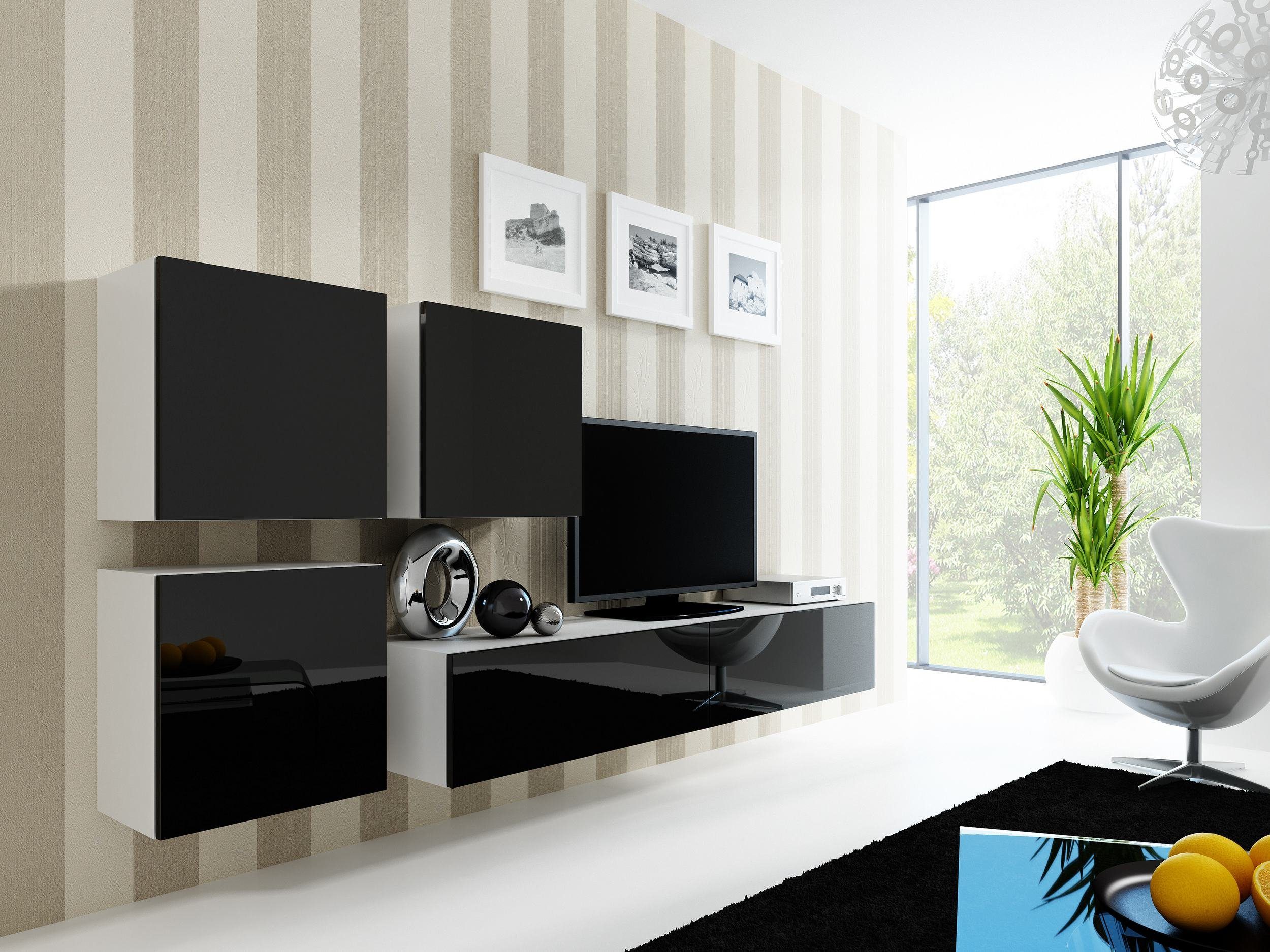 Stylefy Wohnwand Vago XXIII Quadrat, (Set (4-St), Wohnmöbel, Wohnzimmer-Set), bestehend aus 1xLowboard und 3xHängeschrank, Hochglanzfronten, mit Push-to-Open, Modern Design Weiß Matt - Schwarz Hochglanz