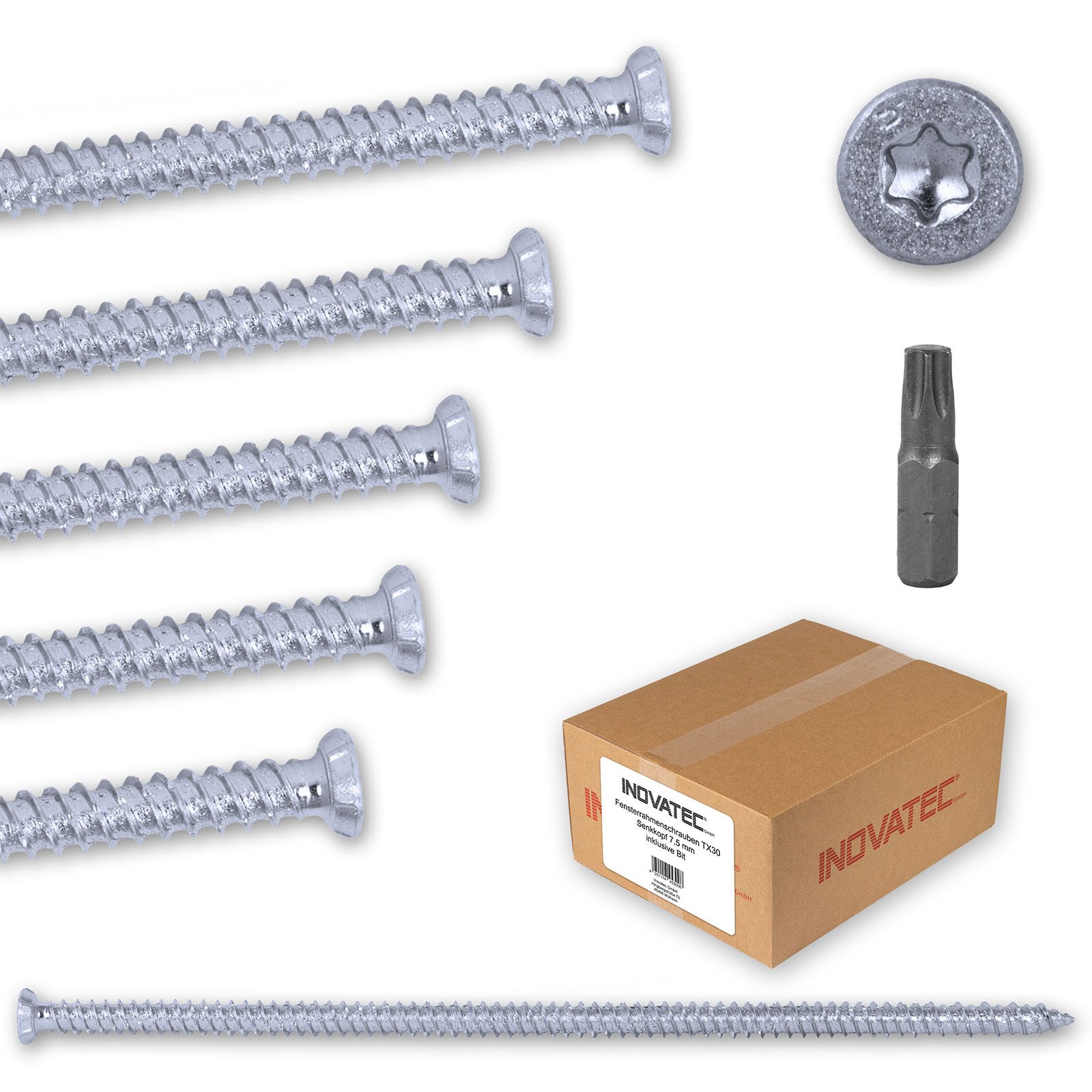 Inovatec Fensterrahmenschraube TX30 Senkkopf 7,5 x 40-252 mm inkl. Bit