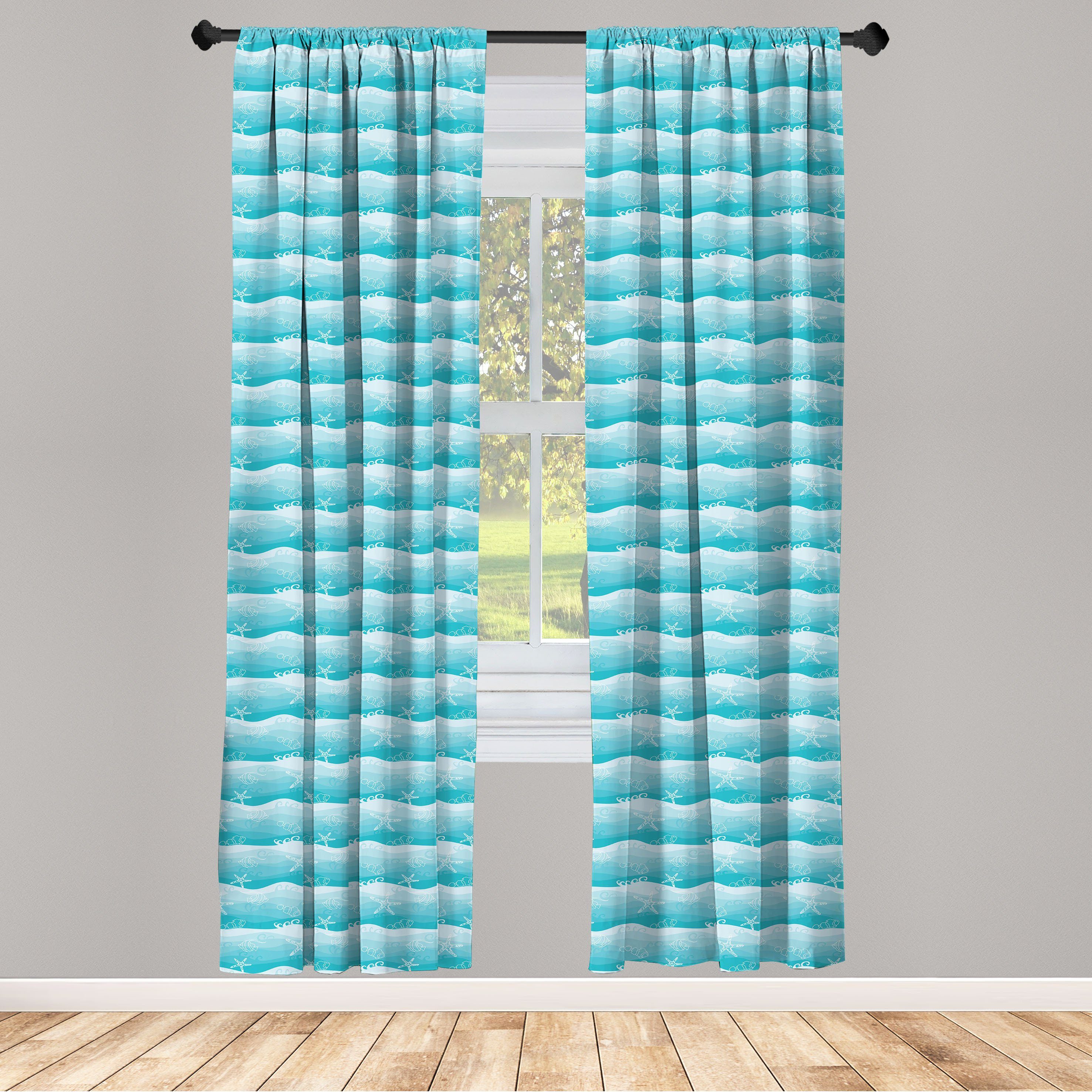 Gardine Vorhang für Wohnzimmer Schlafzimmer Dekor, Abakuhaus, Microfaser, Nautisch Fische auf Ombre Meer Wellen