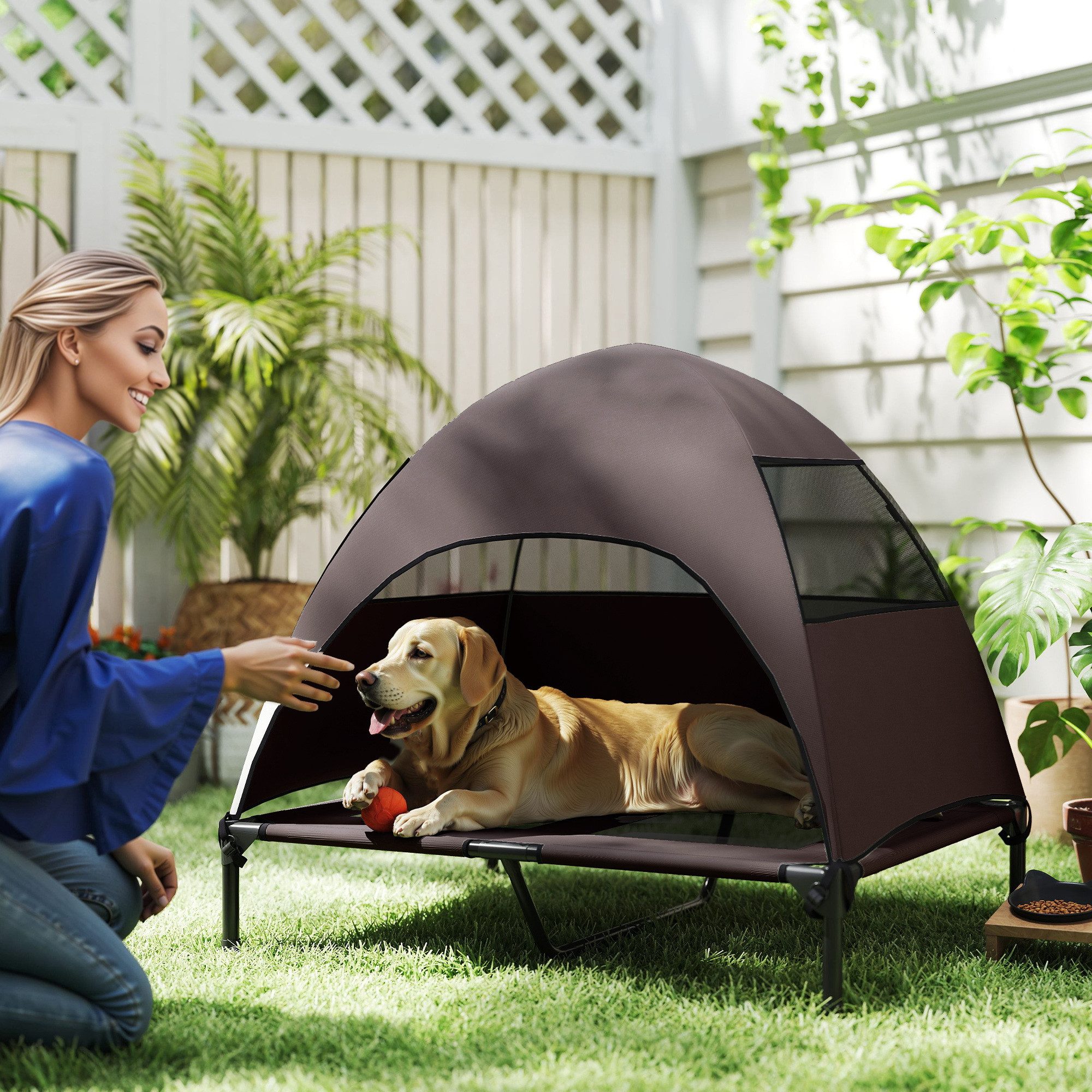 PawHut Tierbett Hundeliege Outdoor mit Dach, Erhöhtes Hundebett, Polyester, Für große Hunde, für Draußen Camping 91x76x90cm, Kaffee
