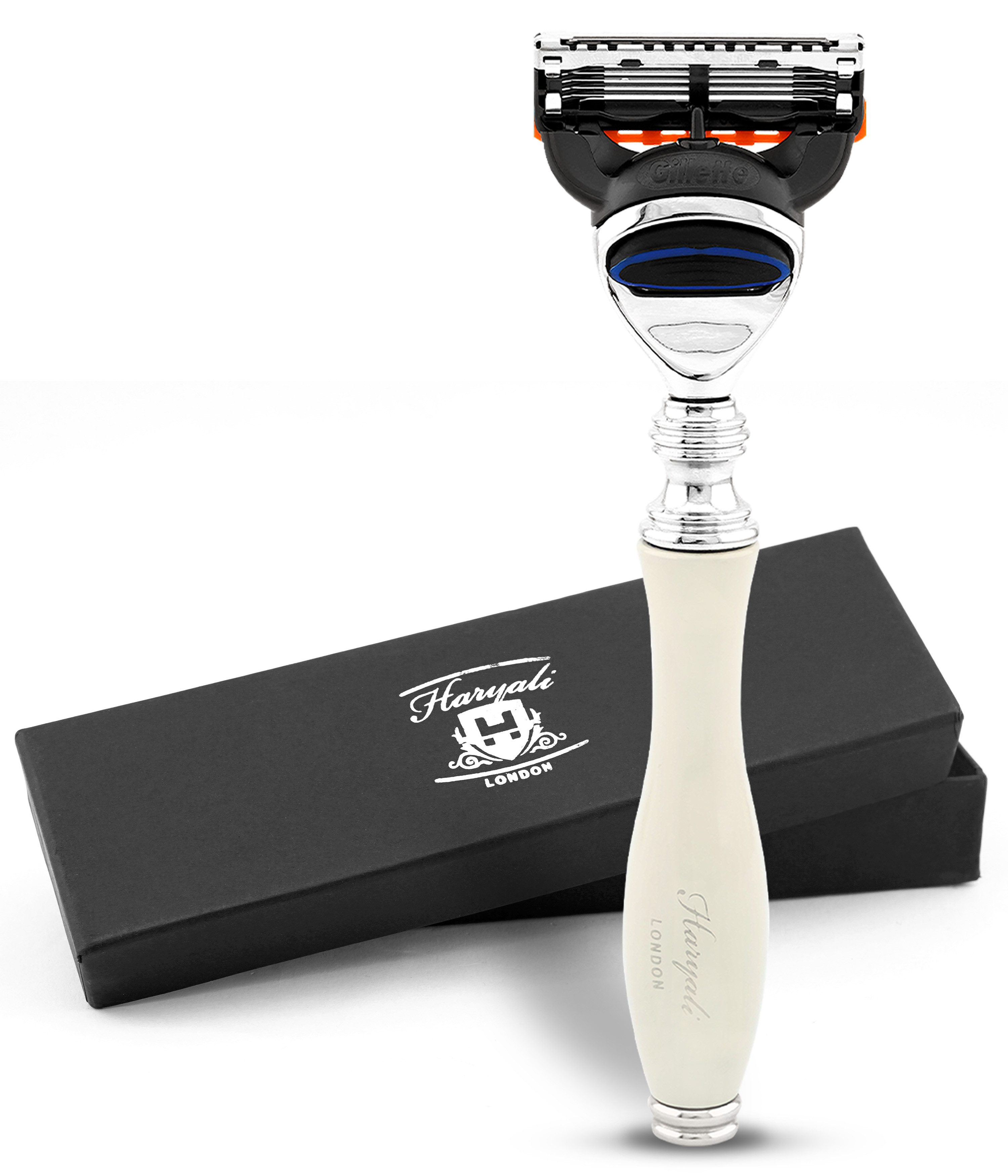 Haryali London Nassrasierer 5-Schneiden-Rasierer für Männer, Körper- & Gesichtsrasierer, Elfenbein, Packung, Rasiermesser mit verstellbarer Klinge aus hochwertigem Messing-Silber, Waschbarer, rutschfester Griff. Passt auf alle Fusion5-Rasierklingen.