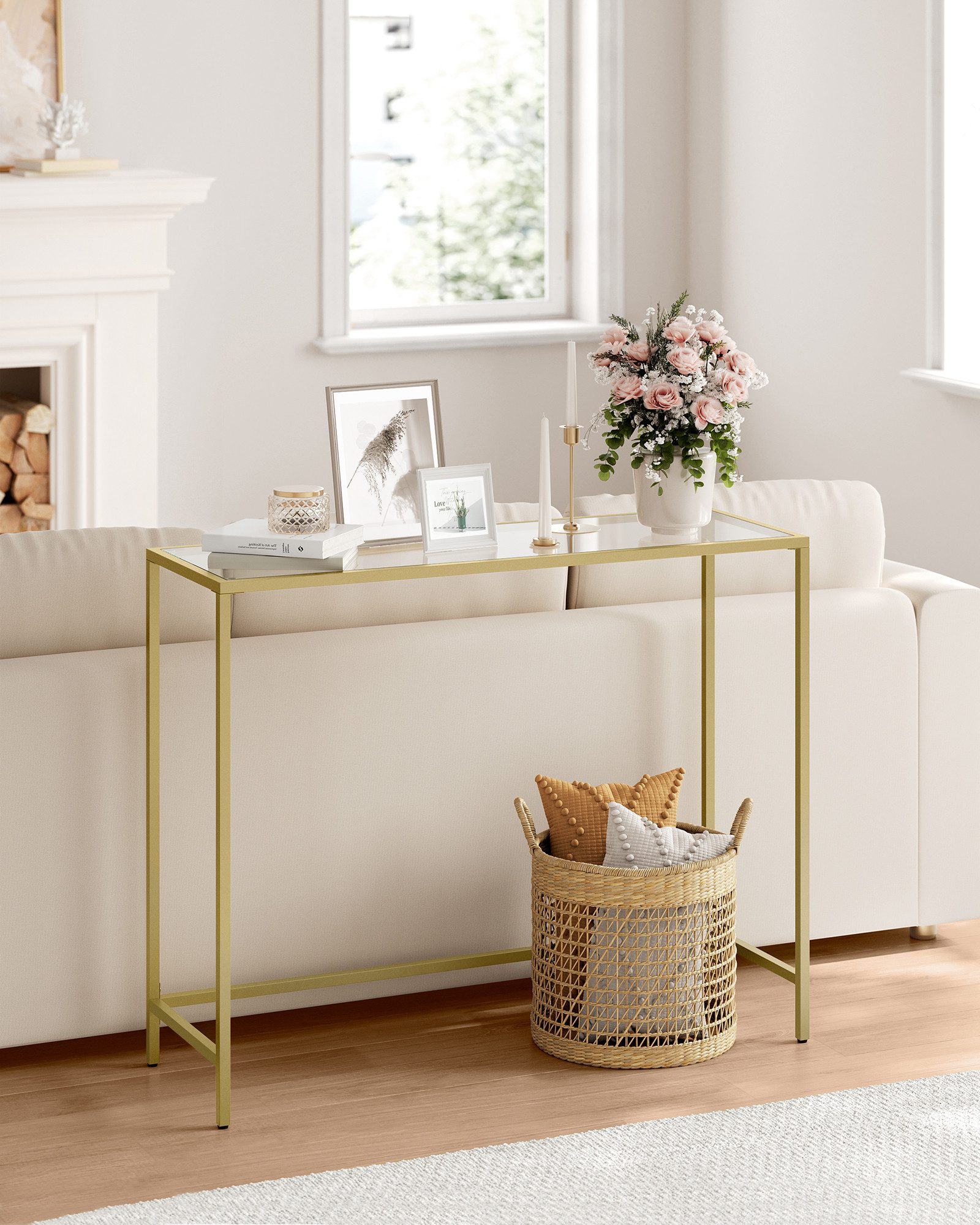 VASAGLE Konsolentisch, Beistelltisch, Oberfläche aus Hartglas, moderner Sofatisch, Flur