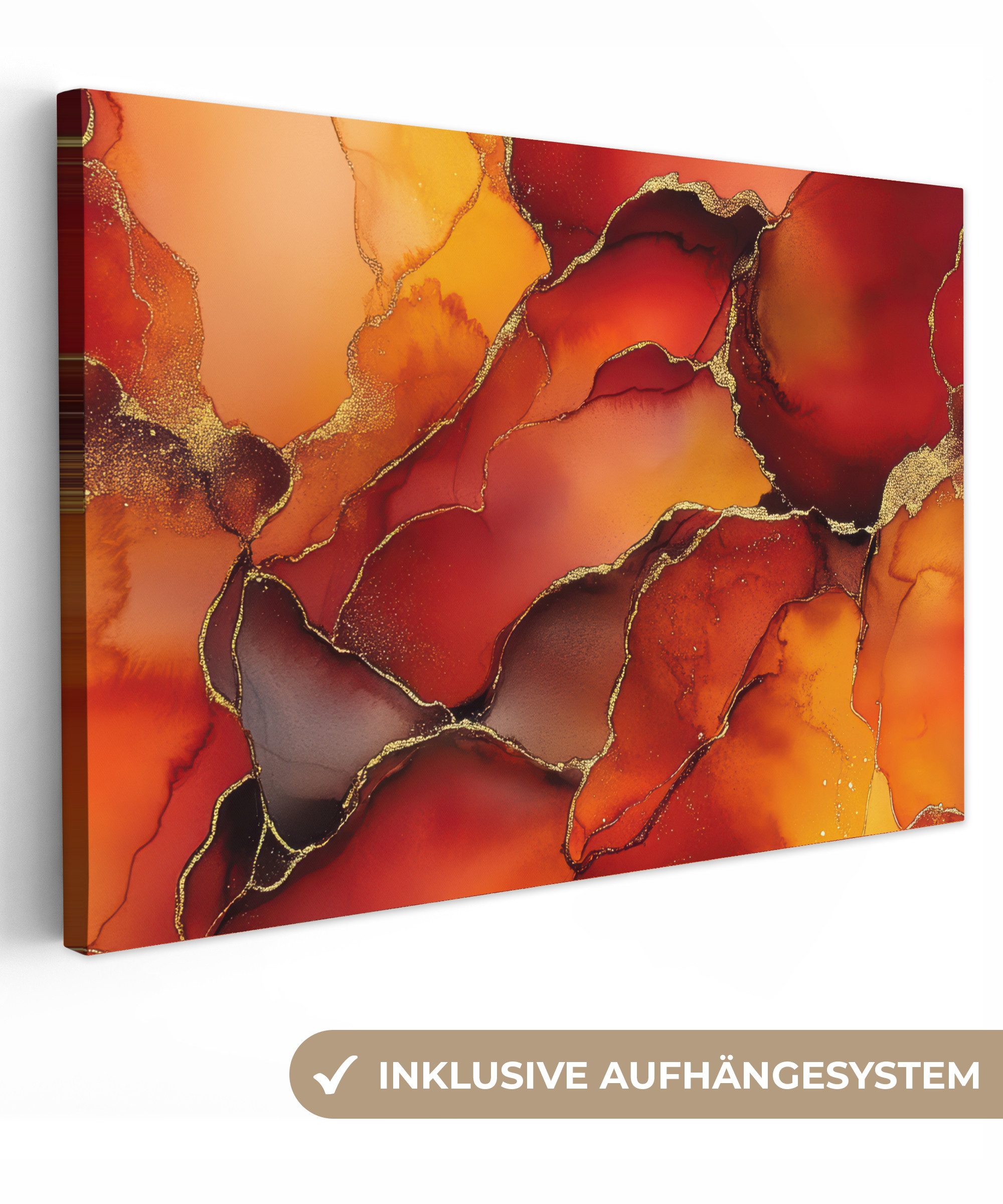 OneMillionCanvasses® Leinwandbild Rot - Marmor - Gold - Herbstfarben - Abstrakt, Fotodruck (1 St), Leinwand Изображения Klein, Wand Dekoration Aesthetic 30x20 cm