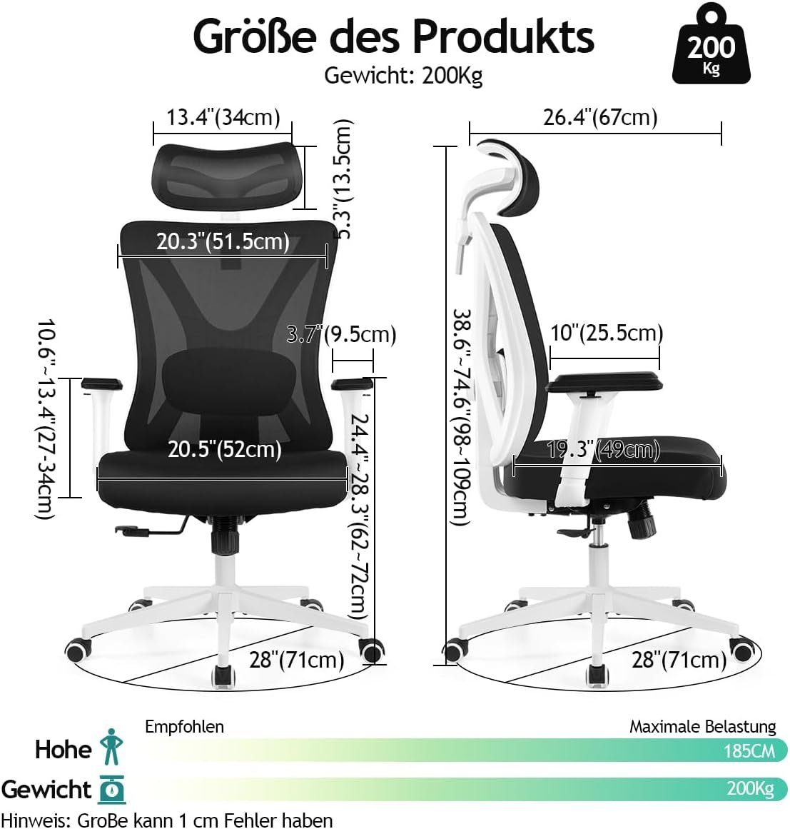 verstellbarem Schreibtischstuhl Bürostuhl ergonomisch: mit Verstellbarer mit Sitz), KERDOM (Bürostuhl Bürostuhl Ergonomischer Schreibtischstuhl Kopfstütze