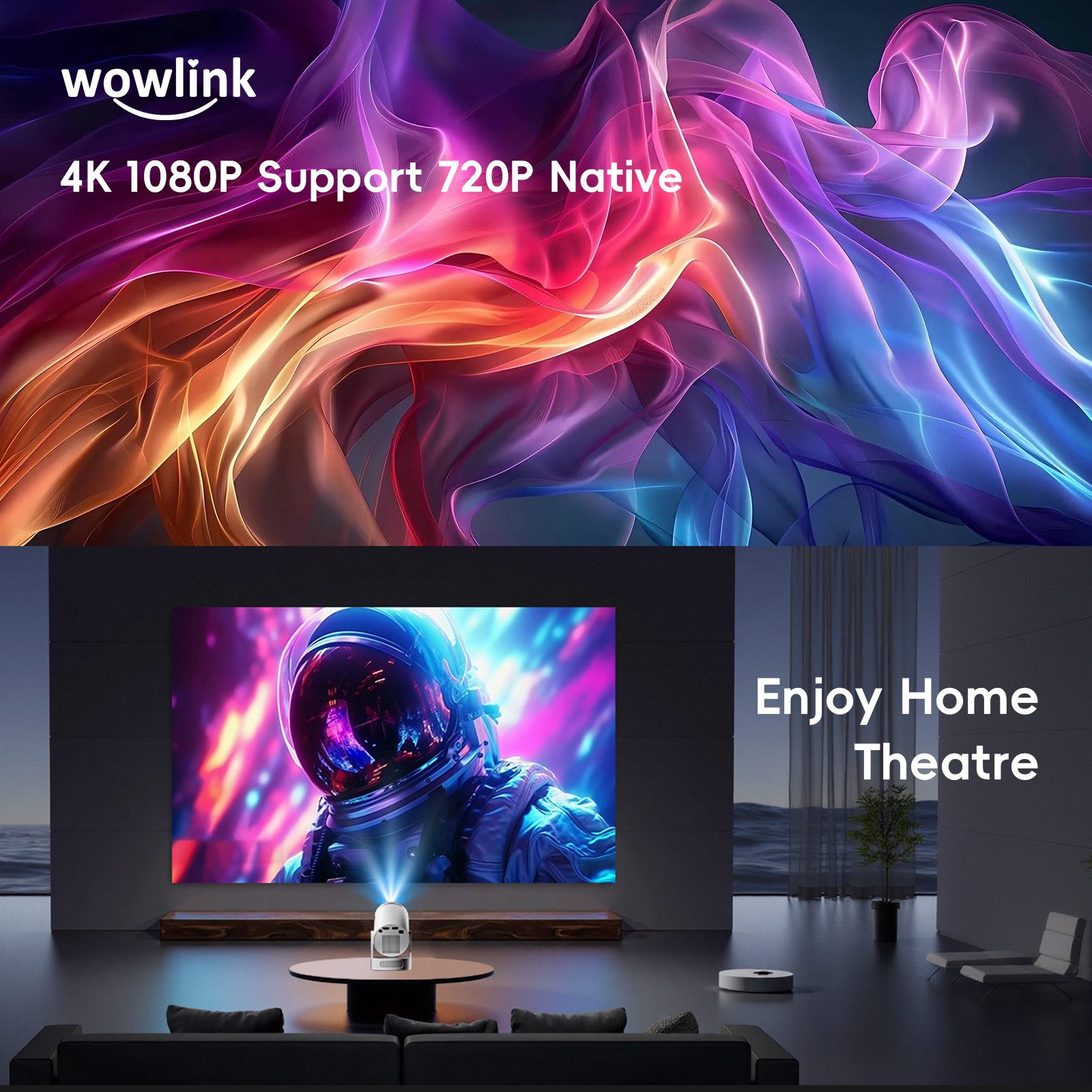 wowlink Mini Beamer Unterstützt 4K 1080P, Projektor mit WiFi 6, Bluetooth 5.4 Beamer (200 lm, 10000:1, 4K px, Automatische Trapezkorrektur mit HDMI/TV Stick/Laptop) weiß