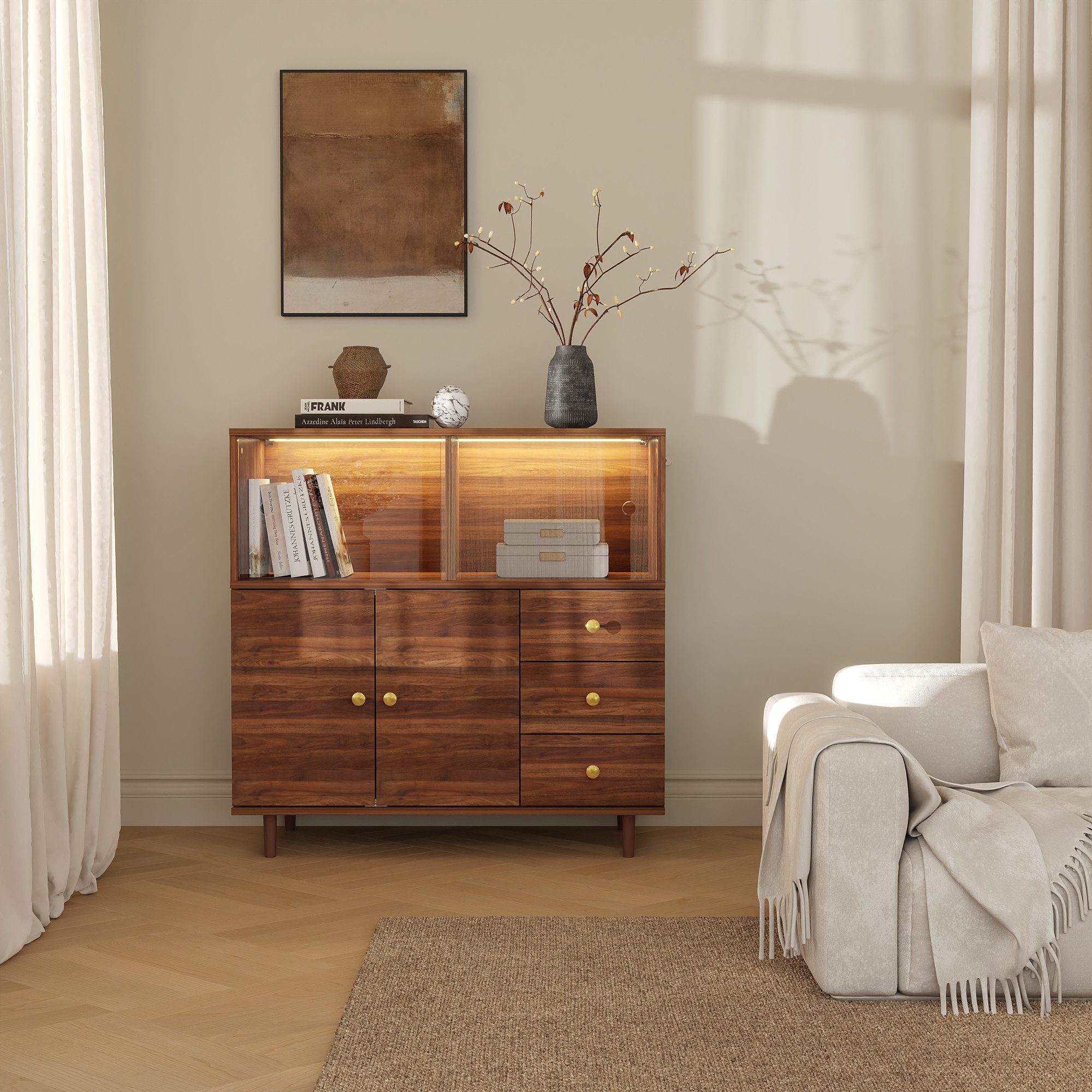 FUFU&GAGA Stauraumvitrine Vitrine mit LED-Beleuchtung, braun, MDF, 90×40×90 günstig online kaufen