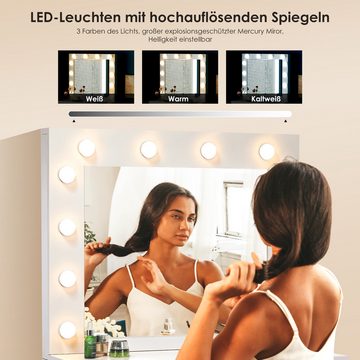 LETGOSPT Schminktisch Modern Schminktisch Schlafzimmer,Frisierkommode mit Spiegel und Hocker, Frisiertisch Kosmetiktisch Hollywood LED-Beleuchtung mit Ladefunktion