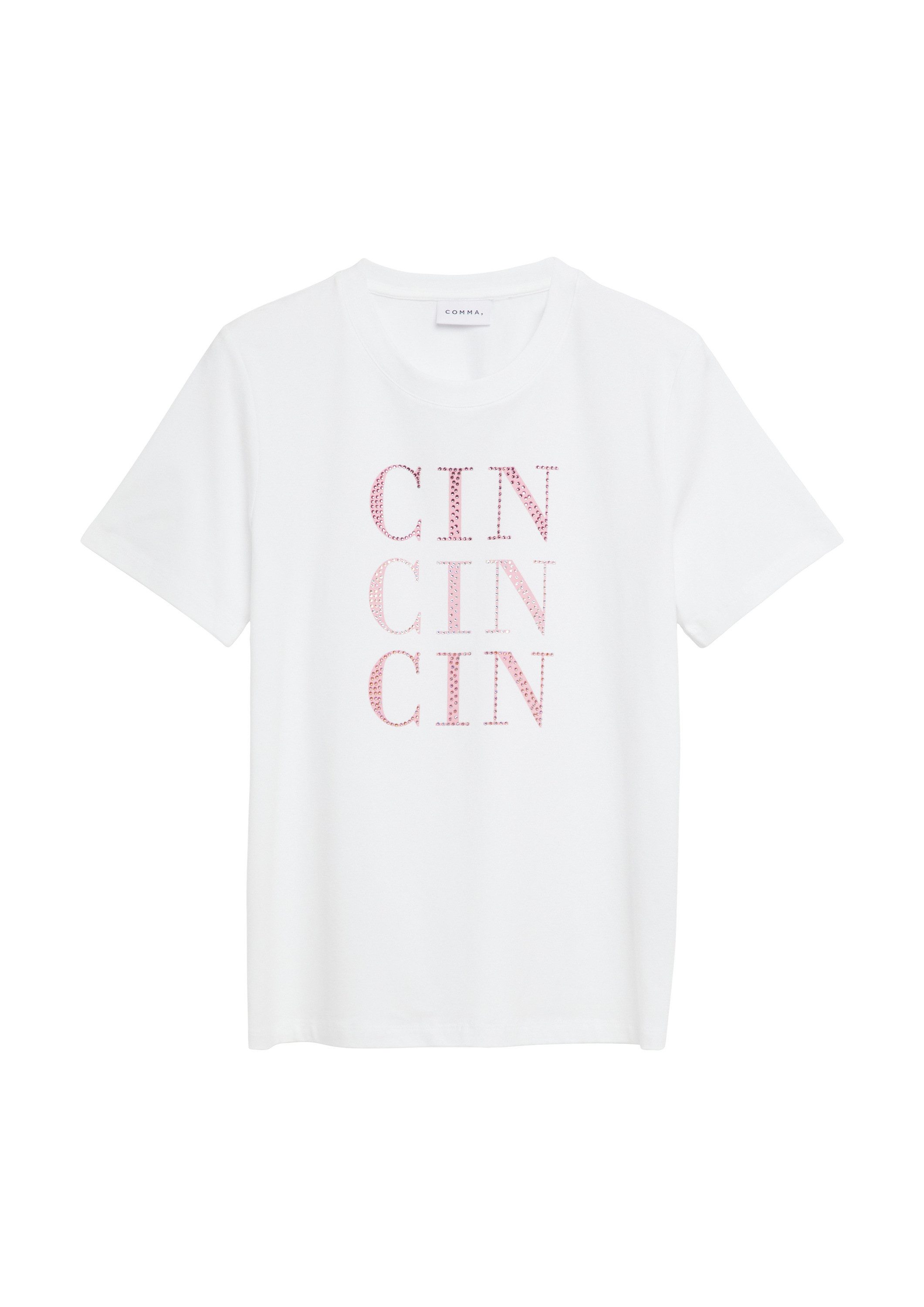 comma Kurzarmshirt T-Shirt T-Shirt mit Artwork und Glitzersteinen