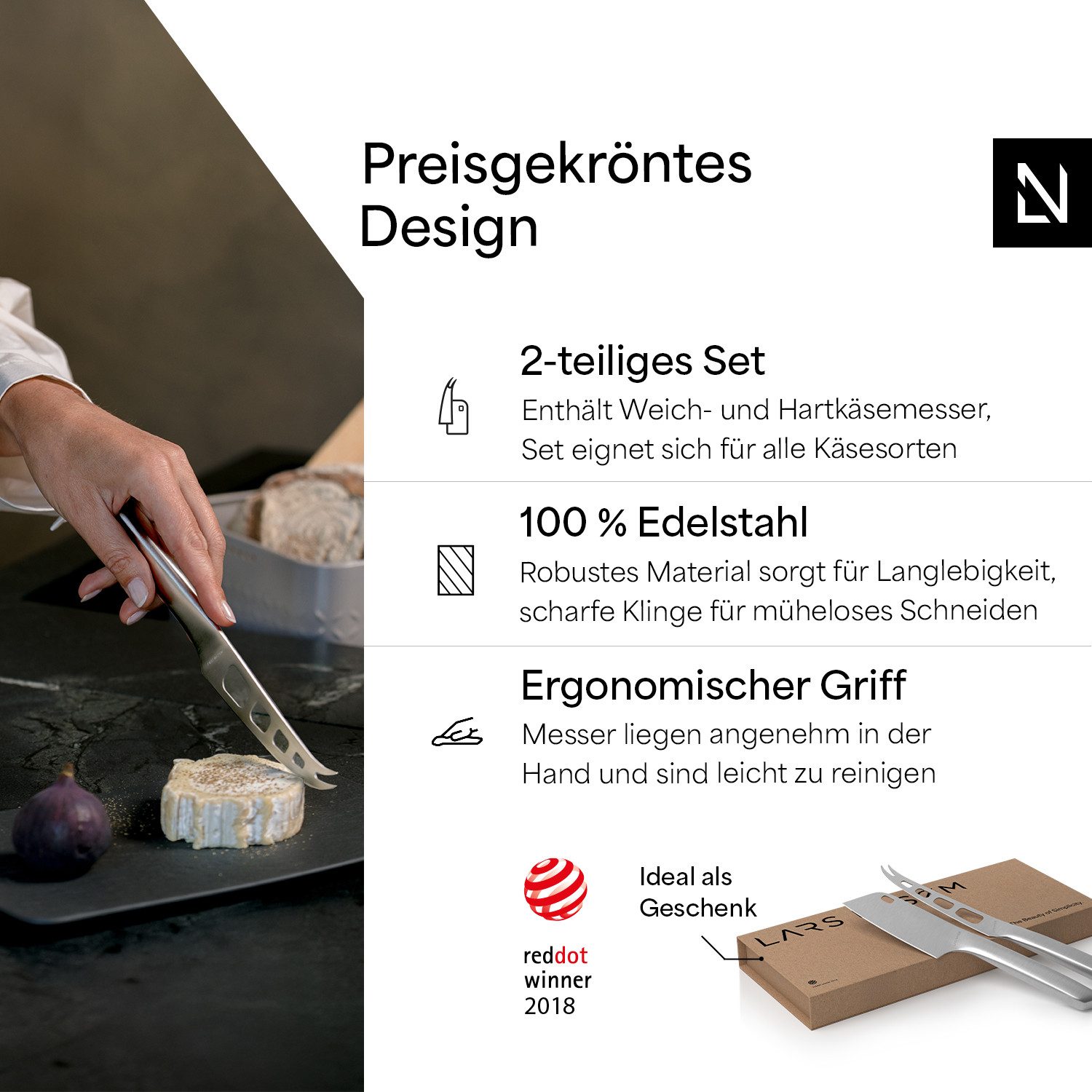 LARS NYSØM Käsemesser Nedskæring, Edelstahl Käsemesserset mit ergonomischem Griff