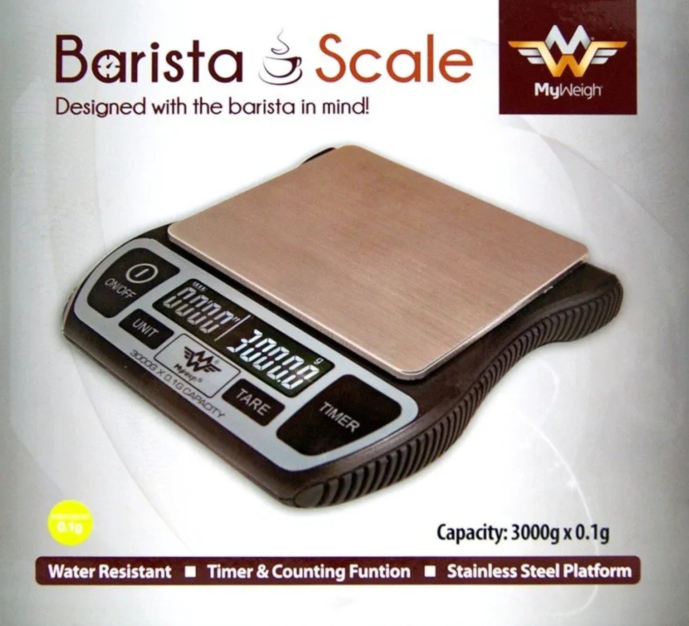 MyWeigh Küchenwaage MyWeigh Barista Waage 3kg/0,1g mit Timerfunktion und Tara