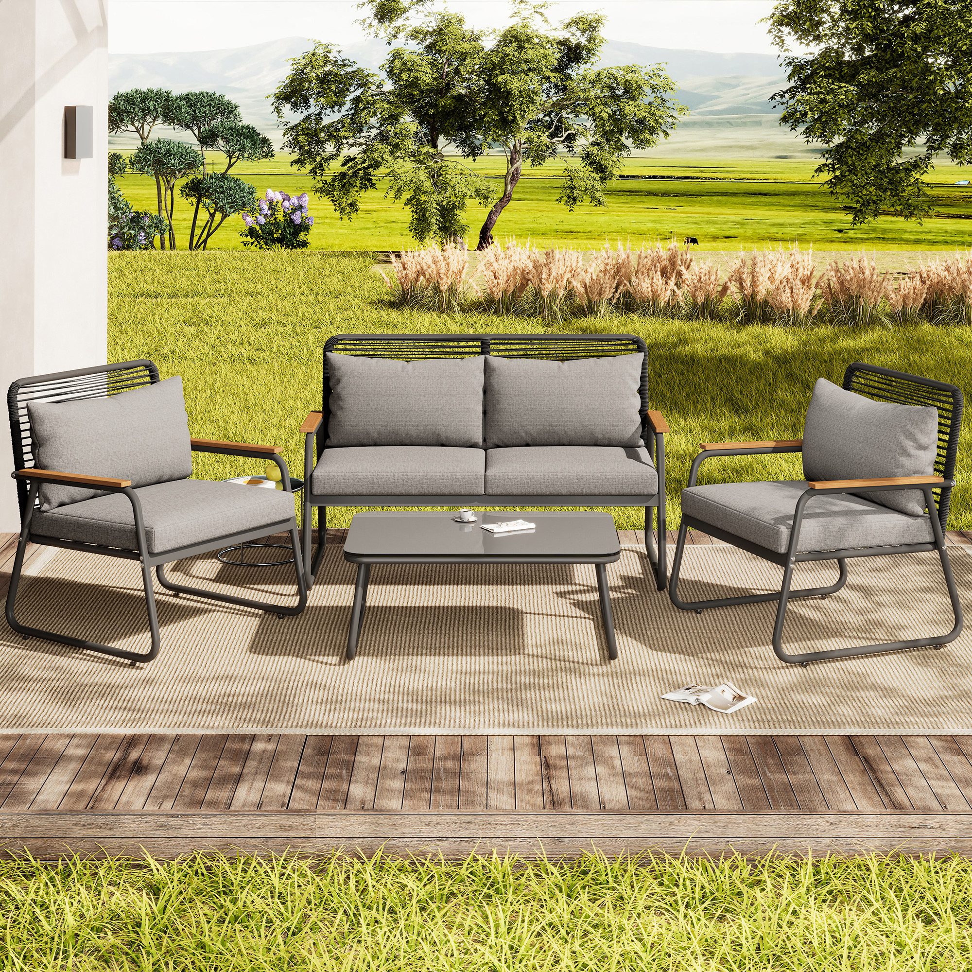 OKWISH Gartenlounge-Set Gartenmöbelset,mit verzinktem Eisengestell, (Gartenmöbel-Set für 4 Personen – Doppelsofa, Einzelsofas & Couchtisch mit verstellbaren Beinen., Doppelsofa: 118*65*78cm Einzelsofa: 63*65*78cm Tisch: 80*50*39cm), mit Relaxfunktion
