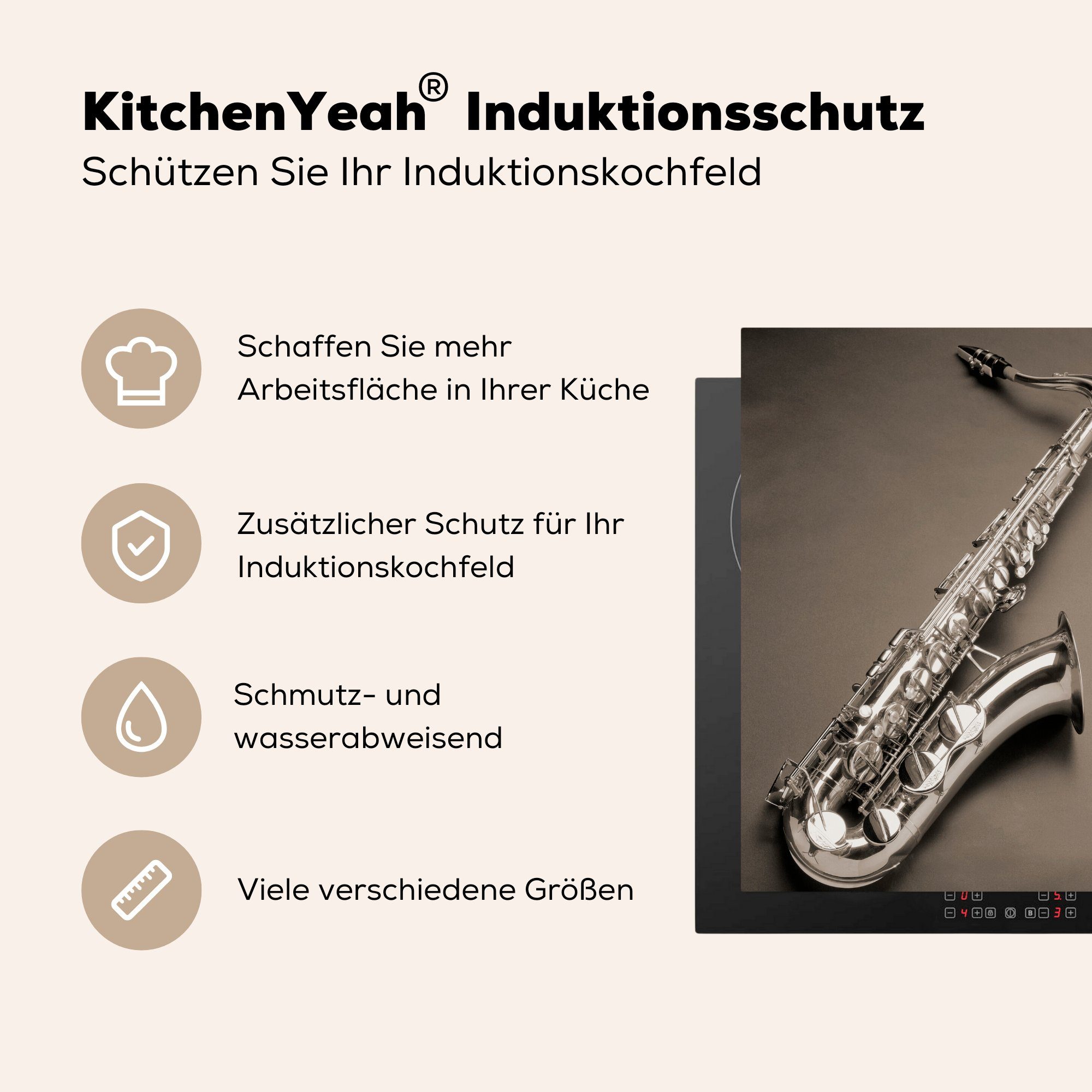 MuchoWow Herdblende-/Abdeckplatte tlg), vor Arbeitsplatte Ceranfeldabdeckung, grauen Hintergrund, 78x78 einem Saxophon für küche (1 Vinyl, cm,