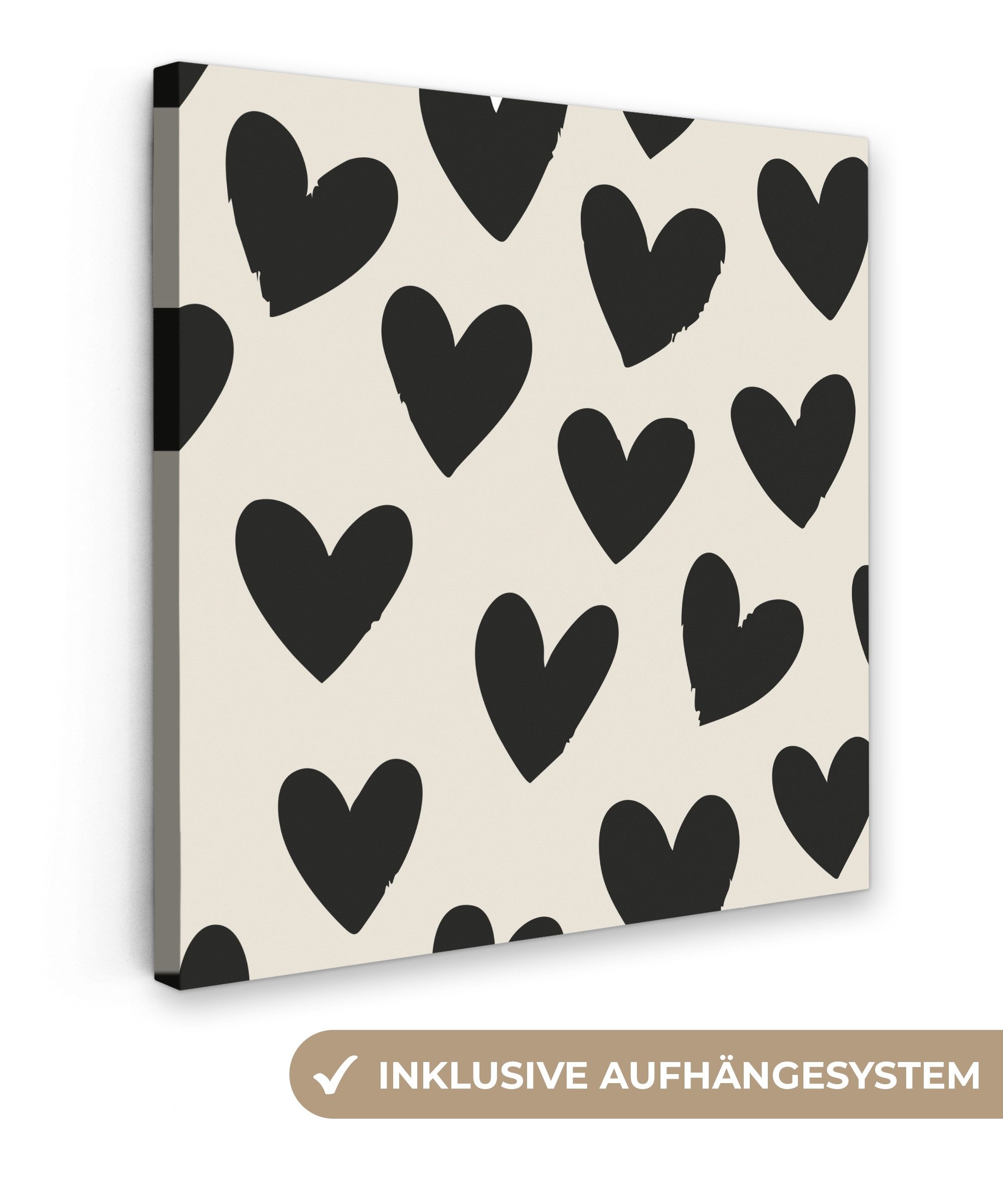 OneMillionCanvasses® Leinwandbild Herzen - Schwarz - Beige, Fotodruck (1 St), Wandbild, Deko Schlafzimmer Wohnzimmer Flur 20x20 cm