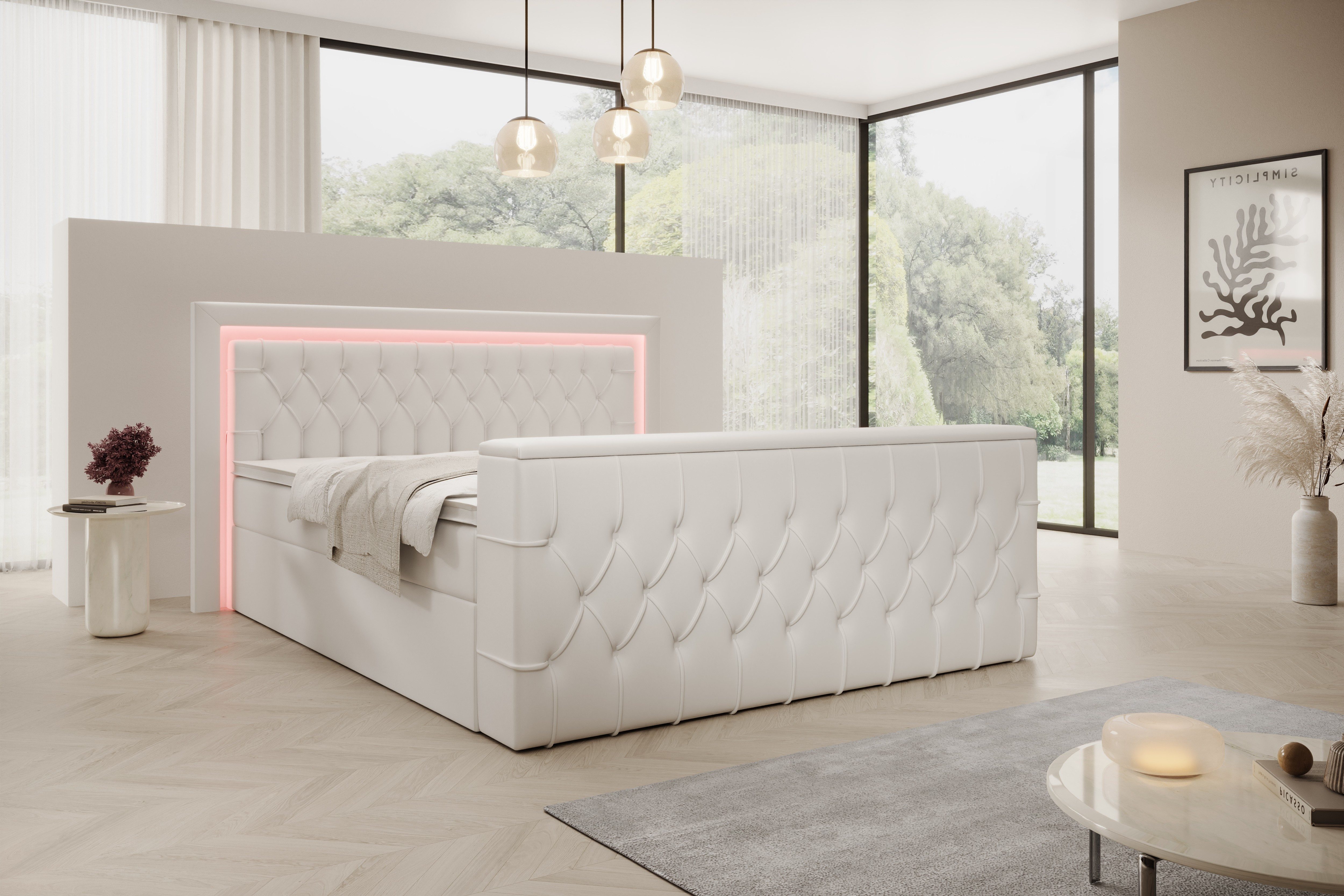 PROMETO Möbel Boxspringbett Doppelbett 180x200cm mit Matratze, Bettkasten TV-Lift LED Beleuchtung
