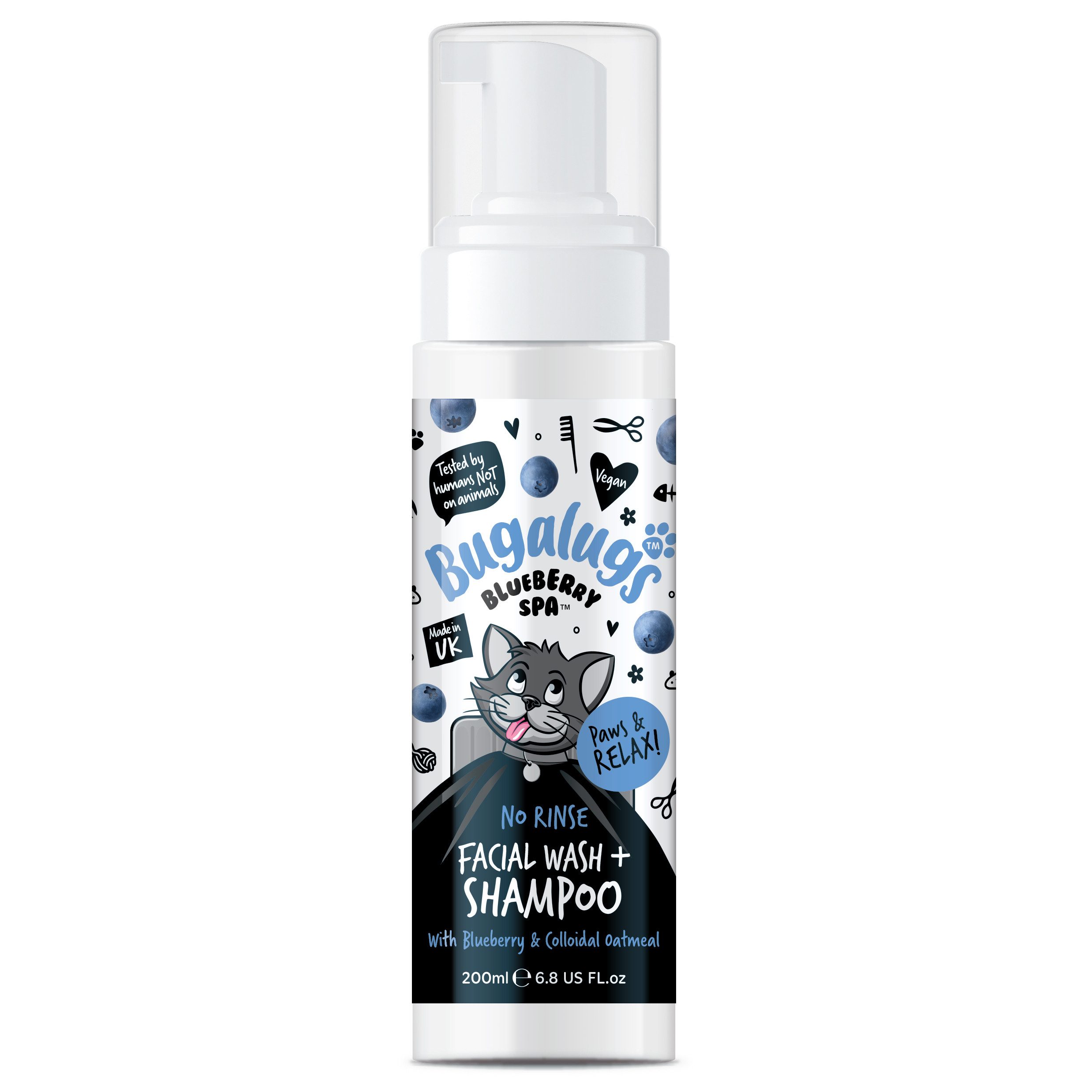 Bugalugs Tiershampoo Bugalugs Blueberry Spa No Rinse Gesichtswäsche & Shampoo für Hunde &, 200 ml, (1-St), Sanfte Reinigung ohne Ausspülen