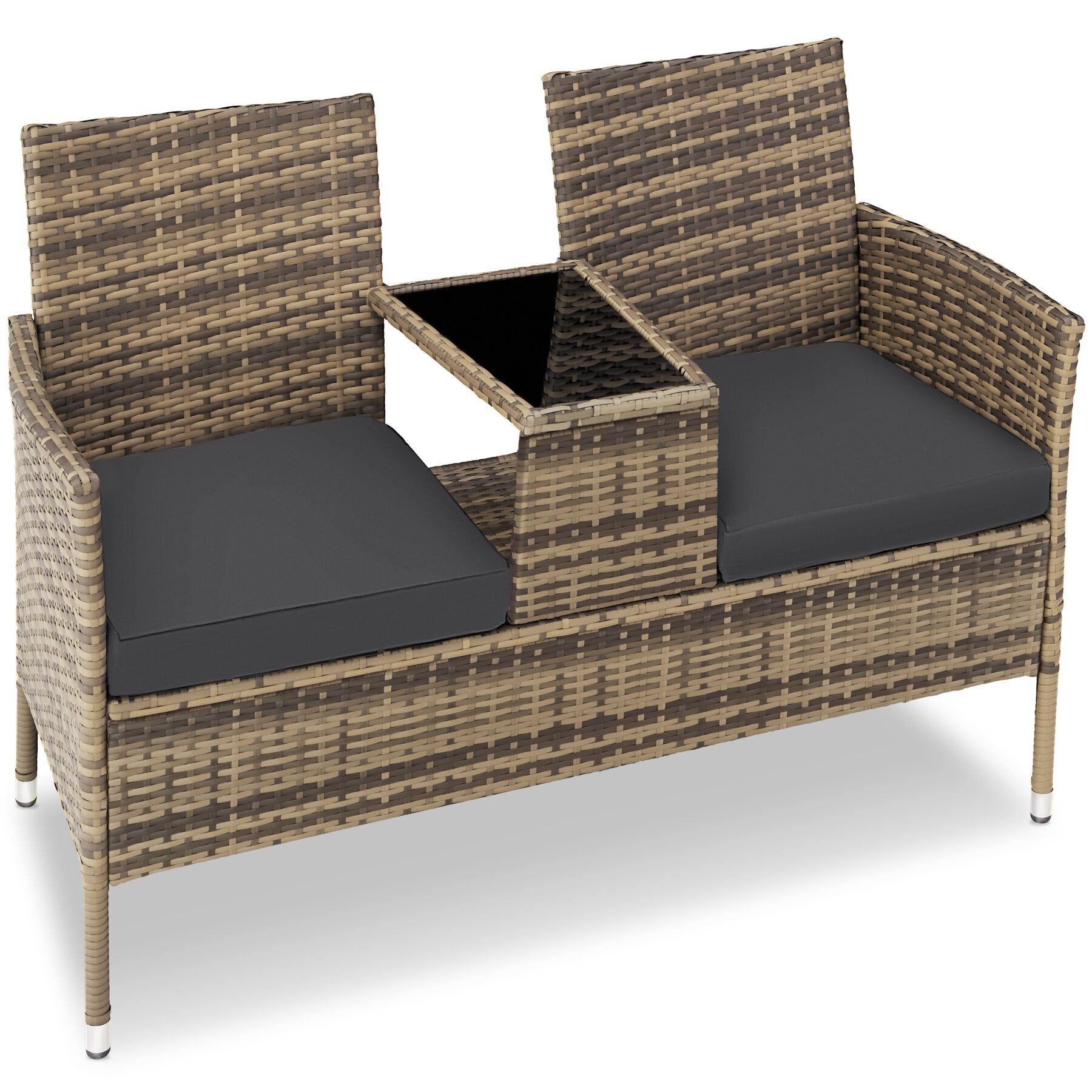tectake Rattanstuhl Rattan-Gartensitzbank, 2-Sitzer, 133 x 63 x 84 cm, 6-cm-Polster (Gartenbank Narbonne, 1 St), Abnehmbare Sitzpolster foptimaler Sitzkomfort, 6 cm Polsterstärke