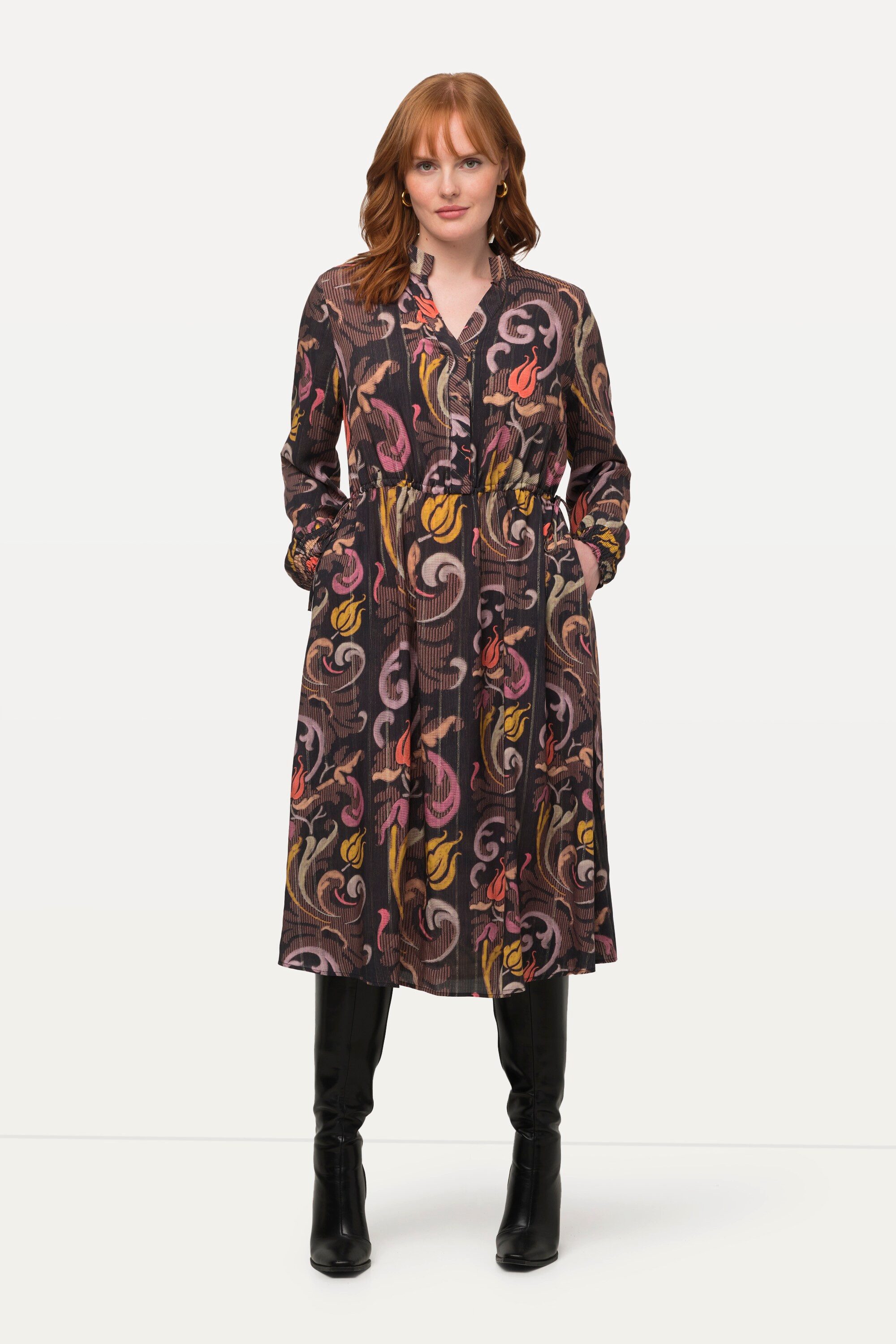 Jerseykleid Kleid Tunnelzug Stehkragen V-Ausschnitt Langarm