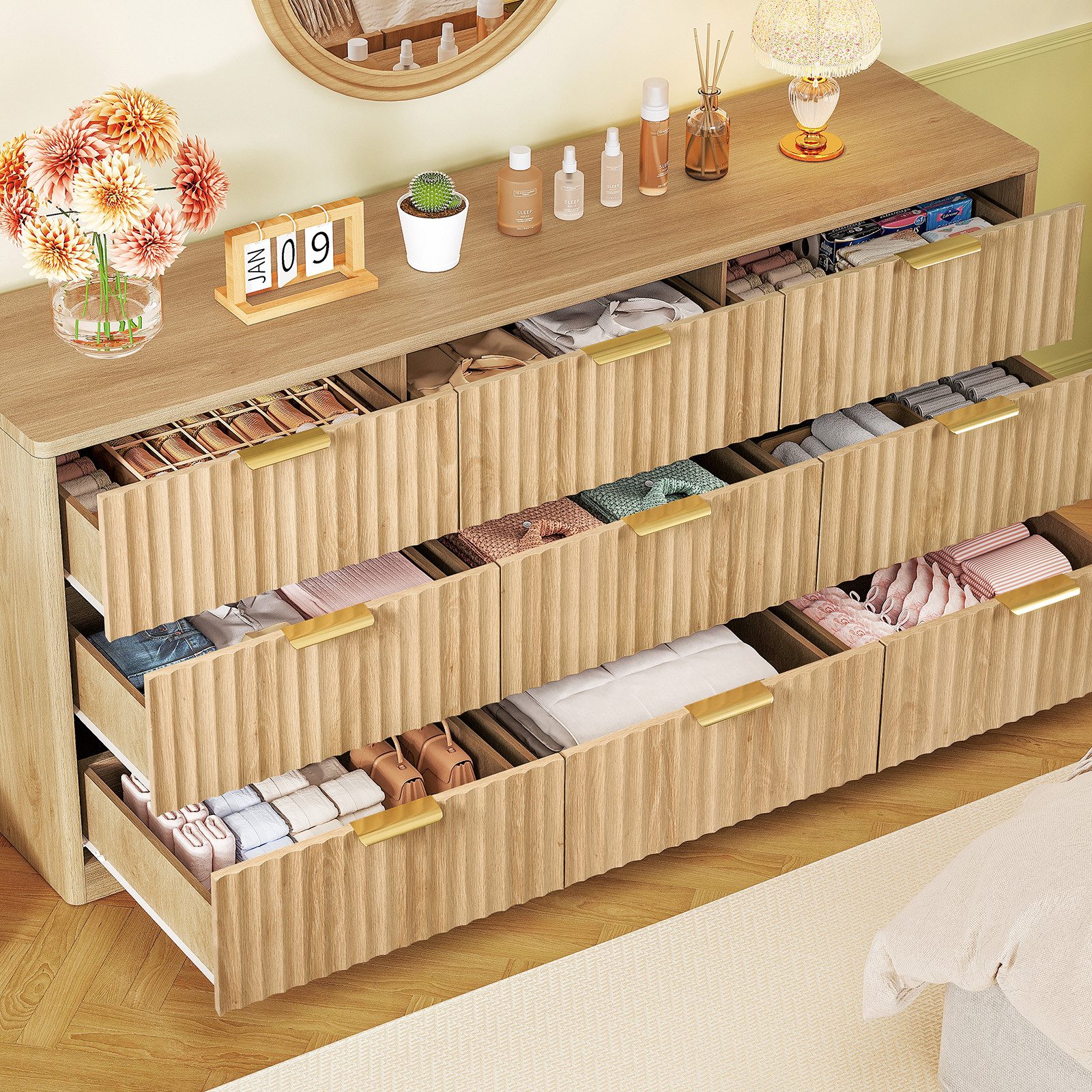 TEENFON Kommode mit Schubladen, vertikalen Rillen und Metallgriffen – Naturholzfurnier (1 St)