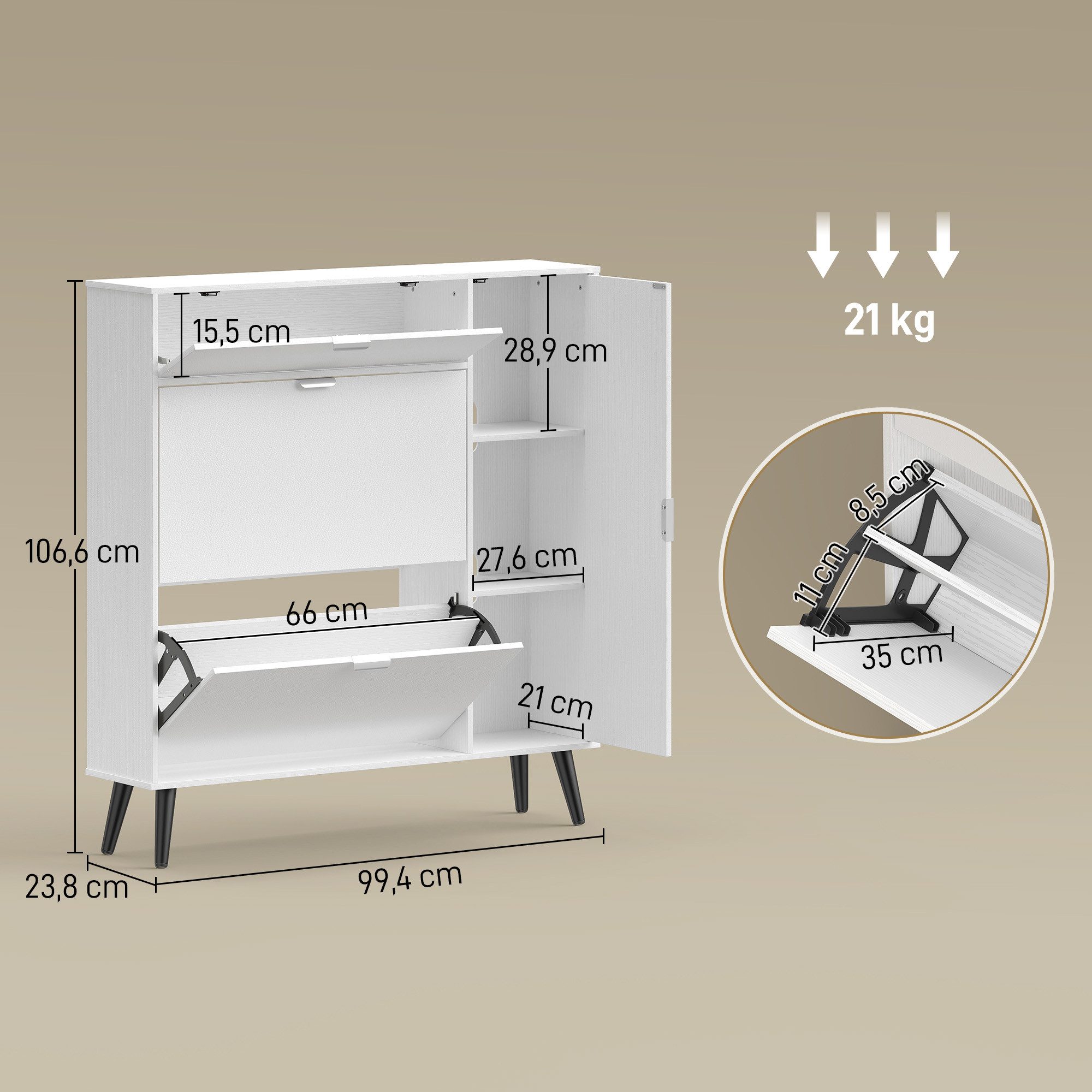 HOMCOM Schuhkipper Schuhaufbewahrung mit 2 Klappen, 2 Türen, verstellbare Trennwand (Schuhkommode, 1 St., Schuhschrank), für ca. 10-12 Paar Schuhe, Soft-Close
