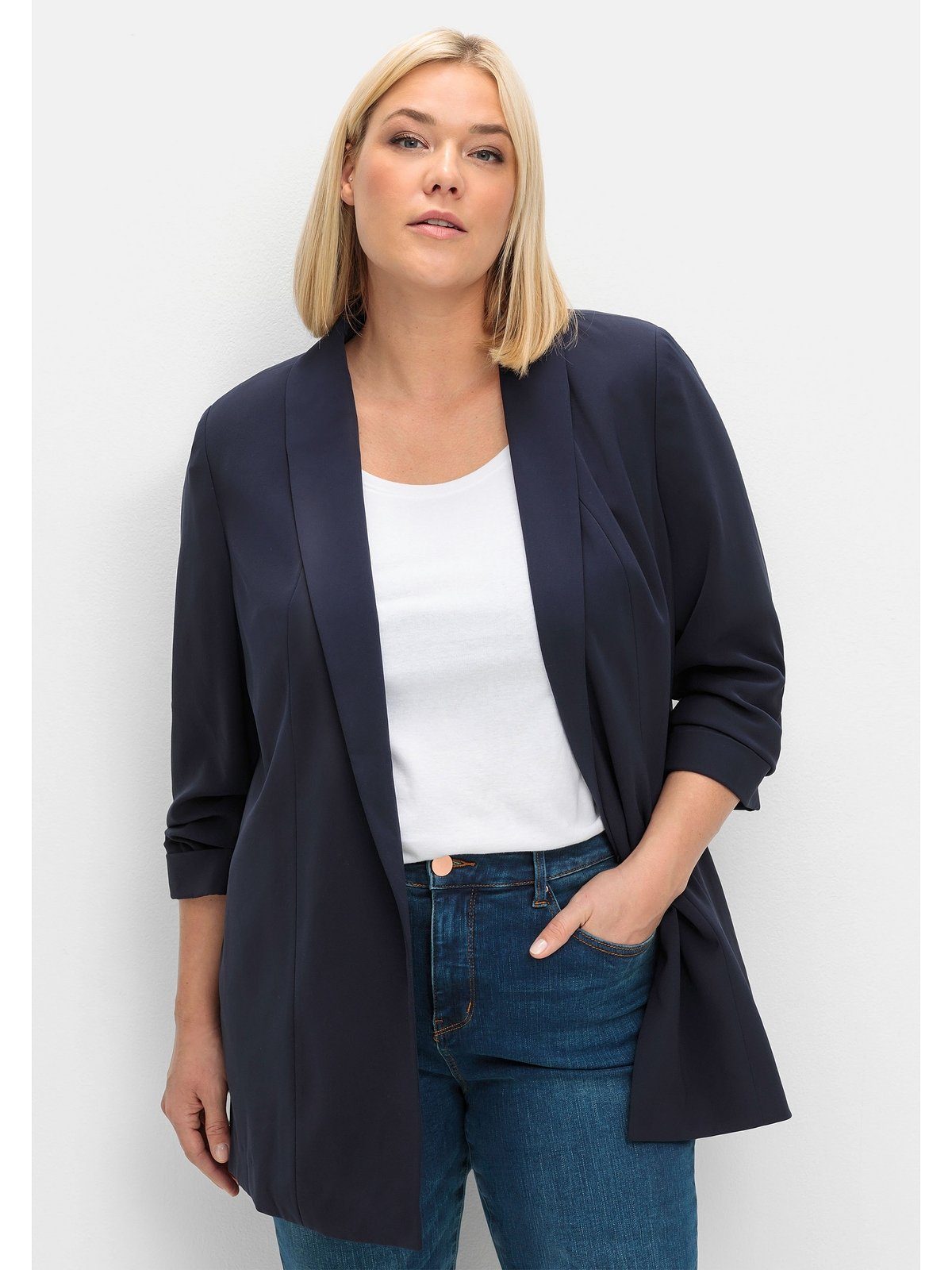 Neuer großer Ausverkauf Sheego Longblazer tiefblau gerafftem 3/4-Arm mit und Schalkragen Große Größen