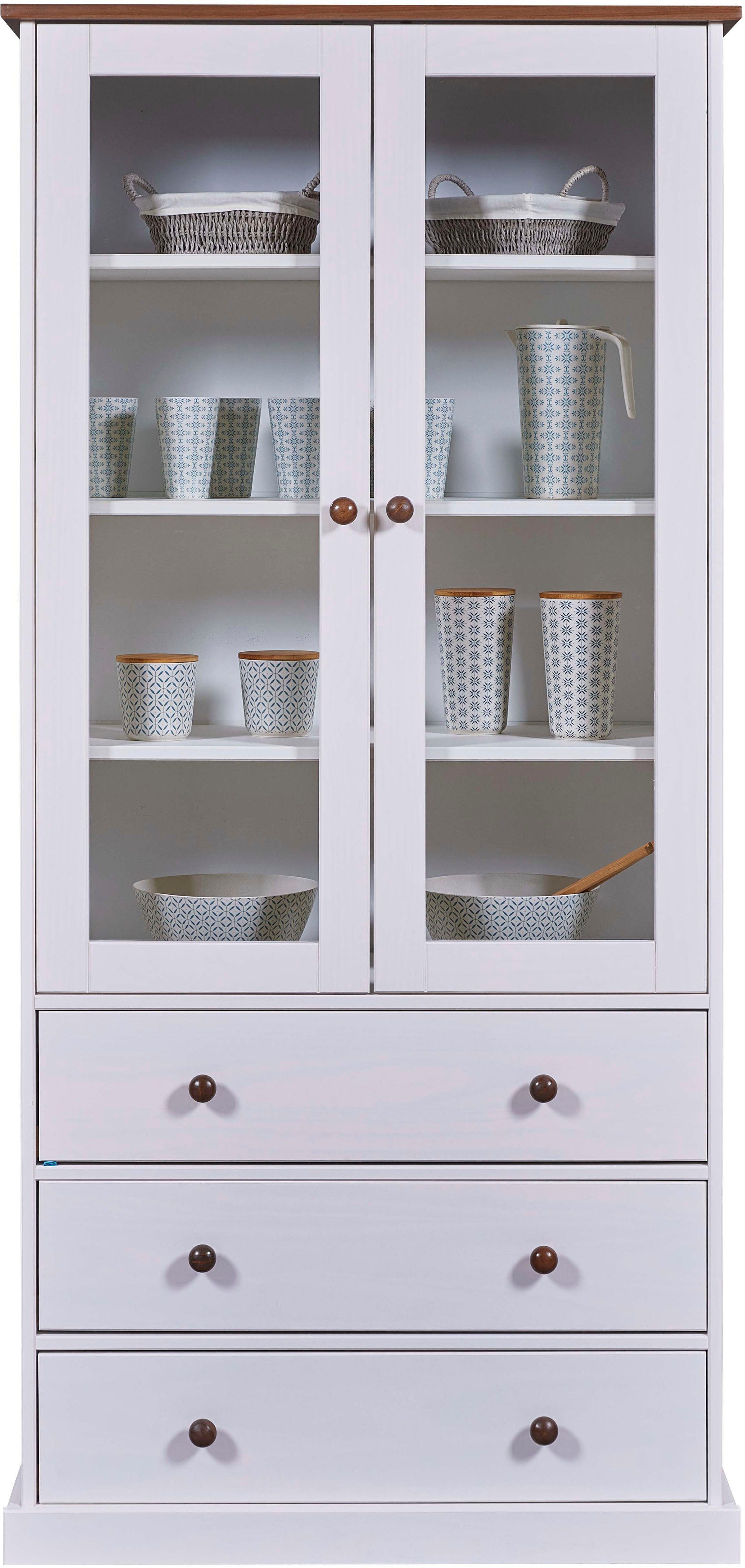 Inter Link Buffet Westerland Kiefer Massivholz, FSC, Vitrinenschrank Geschirrschrank im Landhausstil, BxTxH: 90 x 38,4 x 190 cm