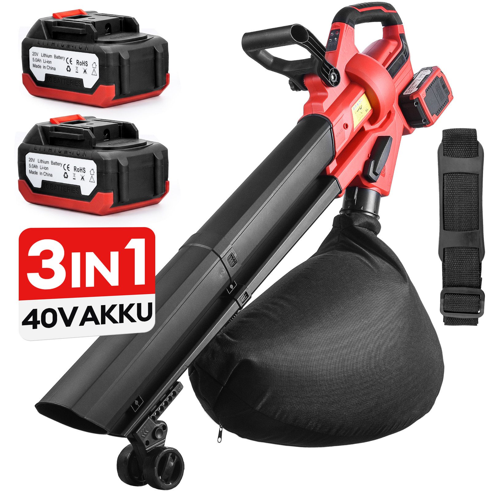 CkeyiN Akku-Laubsauger Laubbläser und Laubhäcksler mit 2 x 5-Ah-Akkus 45-Liter-Fangsack, 258 km/h Luftgeschwindigkeit 660 m³/hLuftdurchsatz