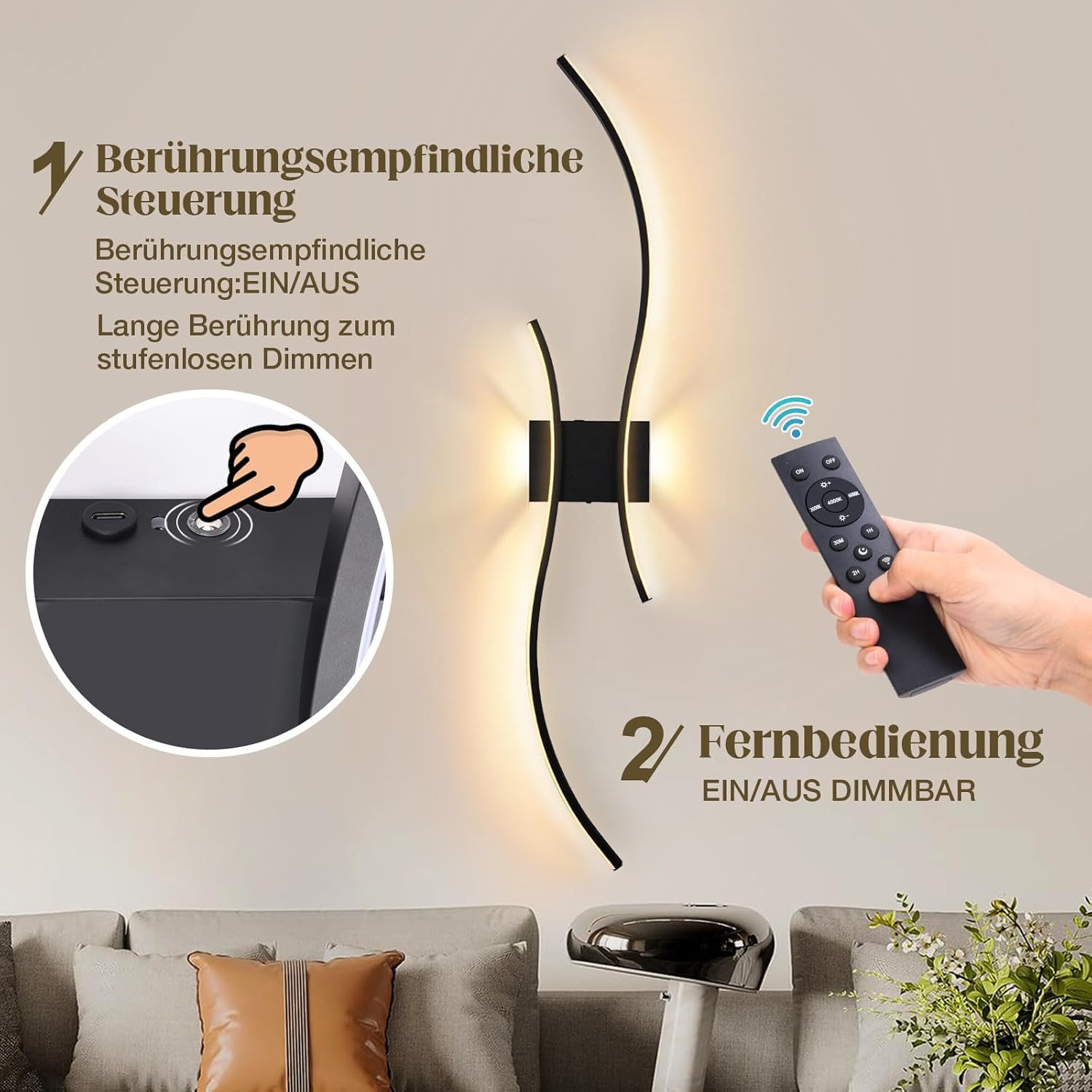 Lapalife Wandleuchte Kabellose Akku Dimmbar&Timing Wandlampe mit Fernbedienung, 2700K-6500K, Wiederaufladbar Wandleuchte für Wohnzimmer Schlafzimmer – Bild 4 von 5