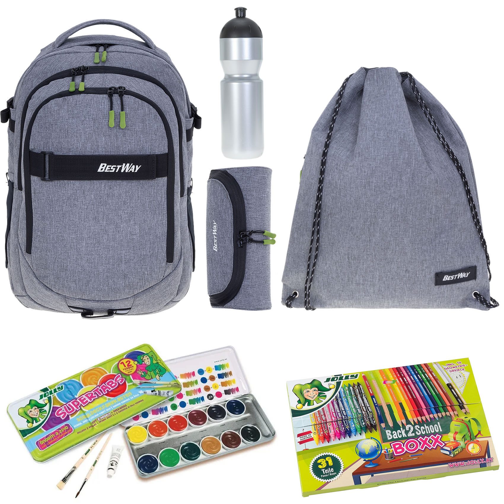 BESTWAY Schulrucksack Jungen Schulrucksackset Rucksack Evolution Air 40177 (Set, Sportbeutel, Mäppchen, Mäppchenfüllung, Farbkasten, Flasche), Schultasche Daypack Schule ab 3. Klasse Mega Set rtm kfv