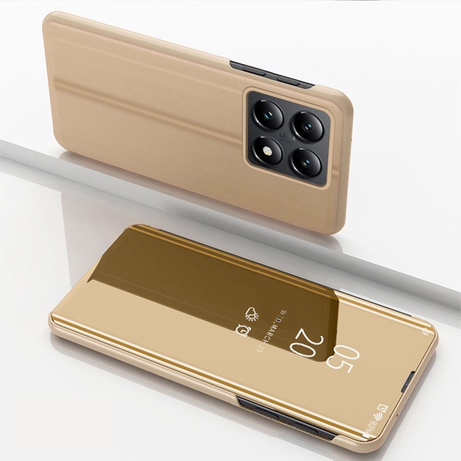 Wigento Handyhülle Für Xiaomi 14T Pro View Spiegel Smart Wake UP Funktion Hülle Gold, Elektroplattiertes Spiegel-Design, horizontaler Klappständer
