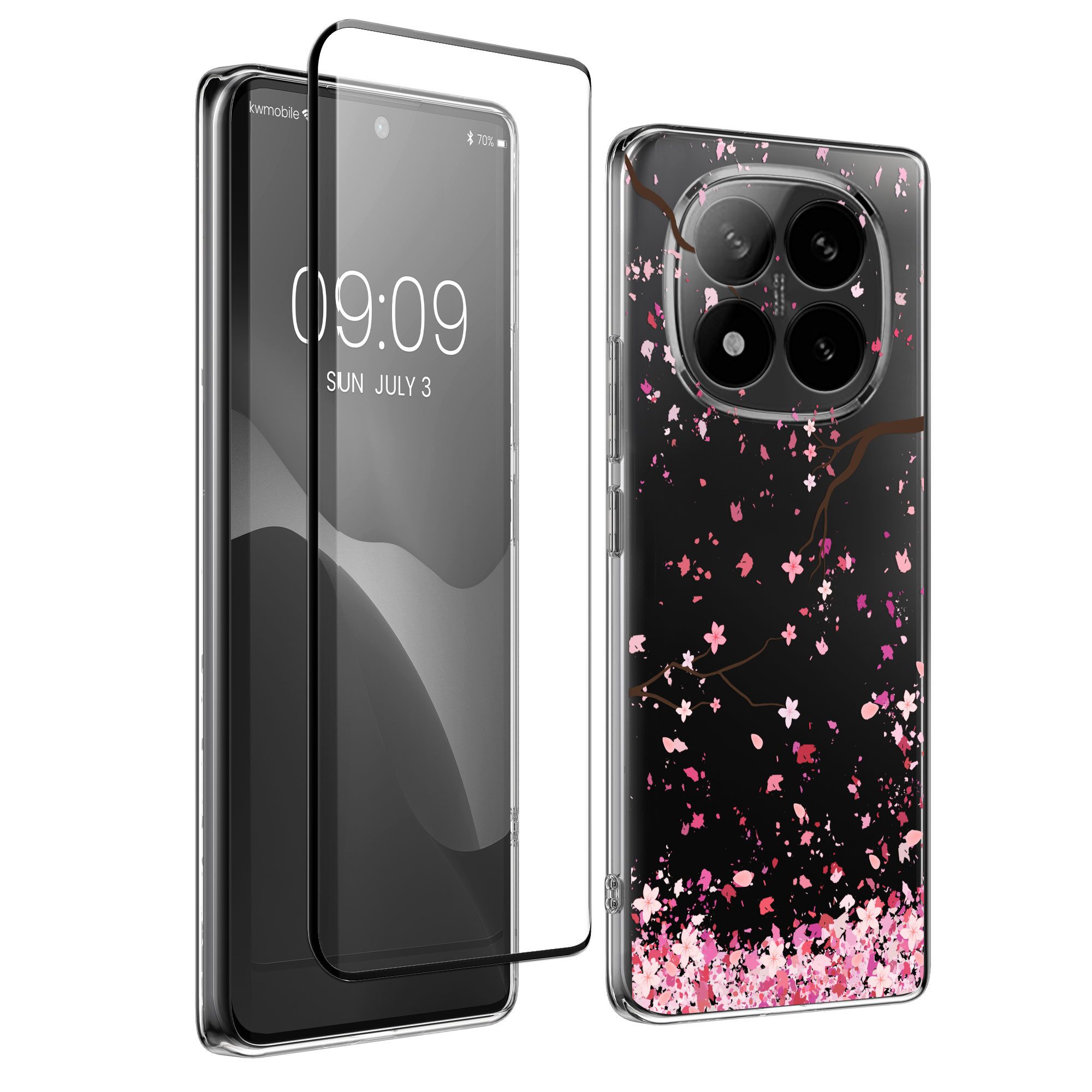 kwmobile Handyhülle Hülle für Xiaomi Redmi Note 14 Pro+ 5G / Redmi Note 14 Pro Plus 5G, Case mit Schutzfolie Kirschblütenblätter Design
