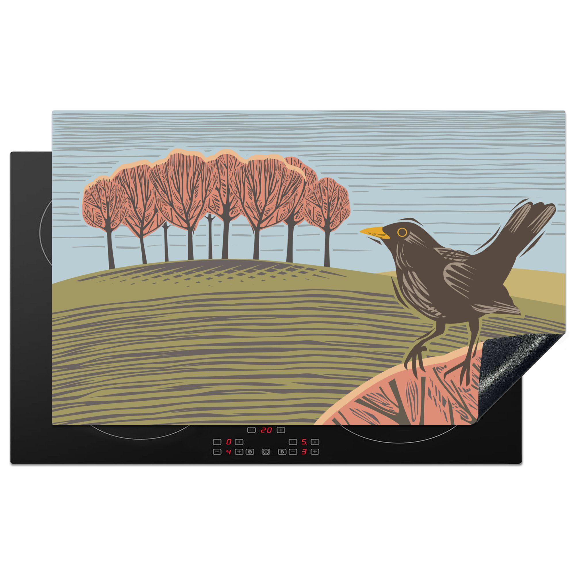 MuchoWow Herdblende-/Abdeckplatte Amsel - Illustration - Bäume, Vinyl, (1 tlg), 83x51 cm, Ceranfeldabdeckung, Arbeitsplatte für küche