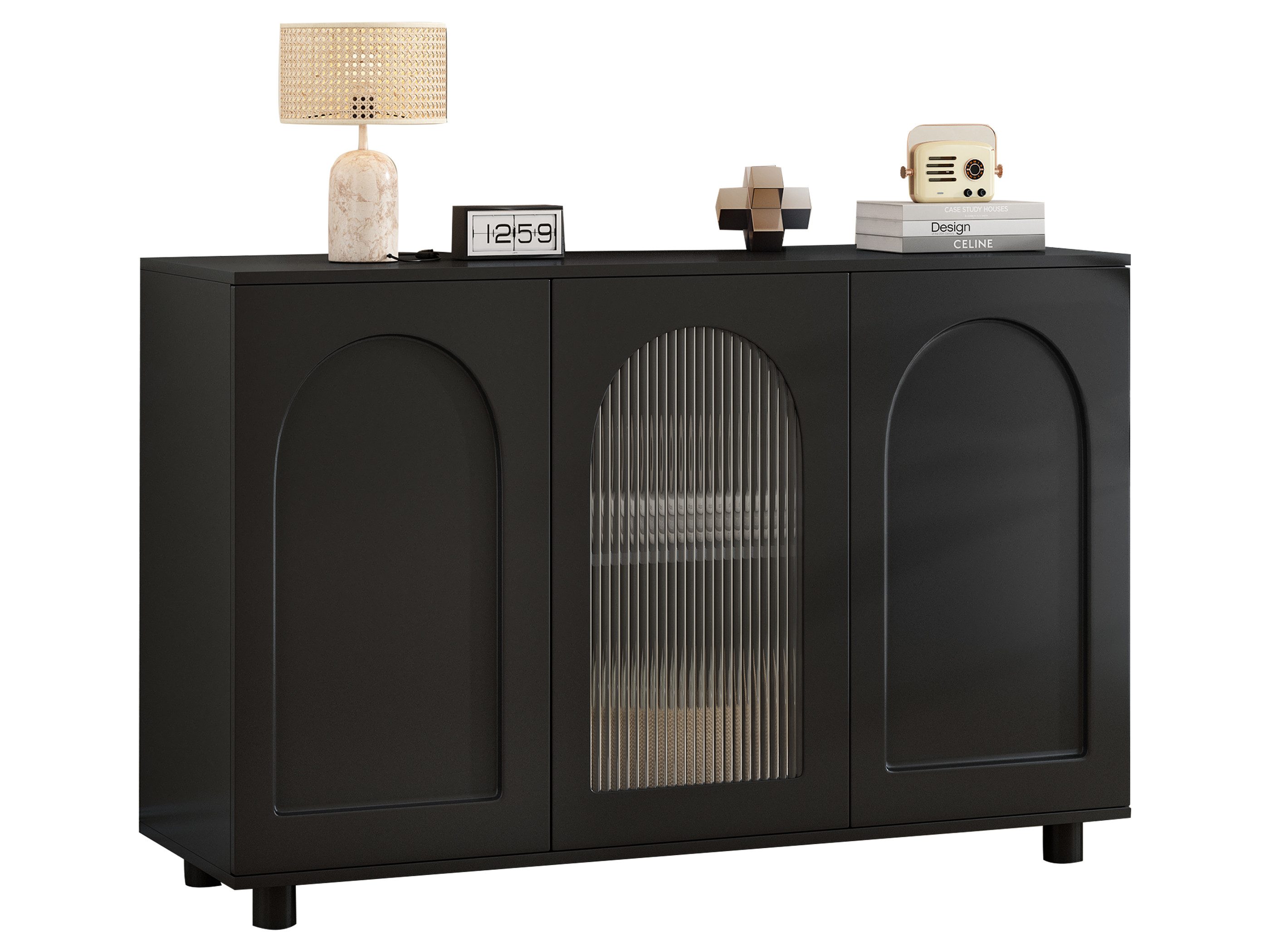 SeedWave Anrichte Modernes Sideboard mit 4 Staufächern, 3 Türen inkl. 1 Bogen-Glastür, 2 höhenverstellbare Einlegeböden, Kippschutz-Set