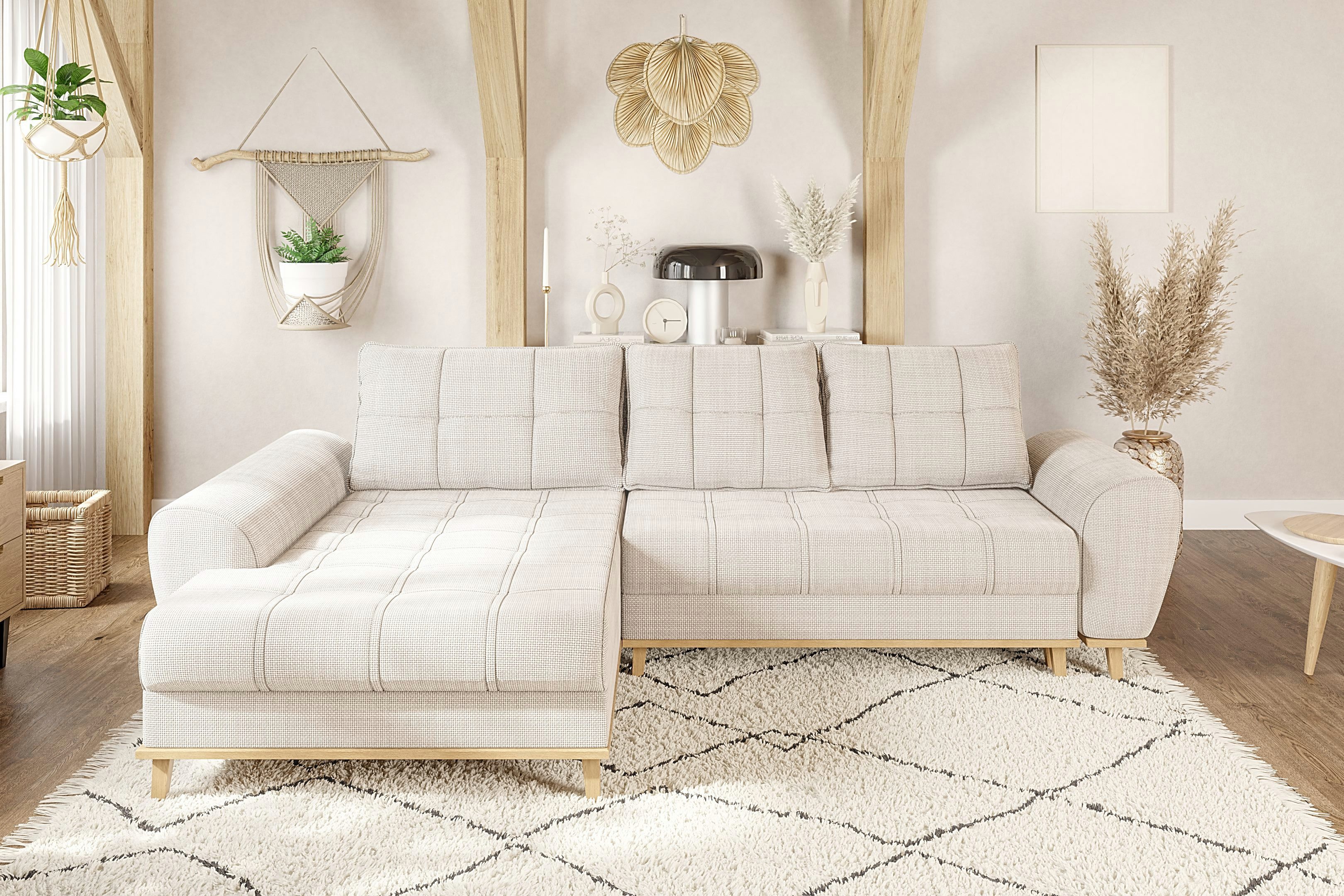 luma-home Ecksofa 21014, im Scandi-Stil mit Schlaffunktion und Bettkasten, Wellenunterfederung, B268/T175/H86 cm, Ottomane links, weicher Bouclé Chenille Stoff in Beige