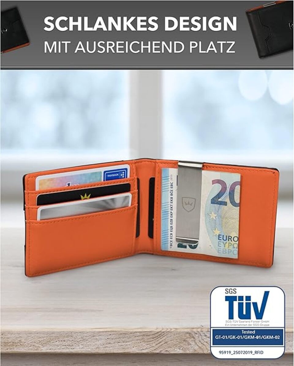 Kronenschein Geldbörse Kronenschein Slim Wallet mit Münzfach & RFID Schutz Schwarz/Orange – Bild 2 von 5