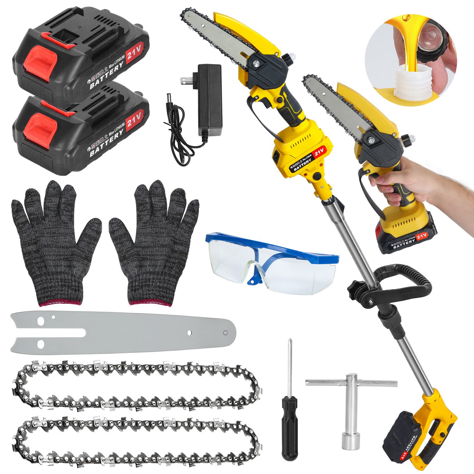 Rutaqian Akku-Kettensäge 6-Zoll bürstenlose elektrische Kettensäge mit 2 x 1,5 Ah Akku, 21v, 550W, 180,00 cm Schwertlänge, 1-tlg., 5,9 Fuß MAX Reichweite Stangsäge für Gartenscheren Holzschneidenz