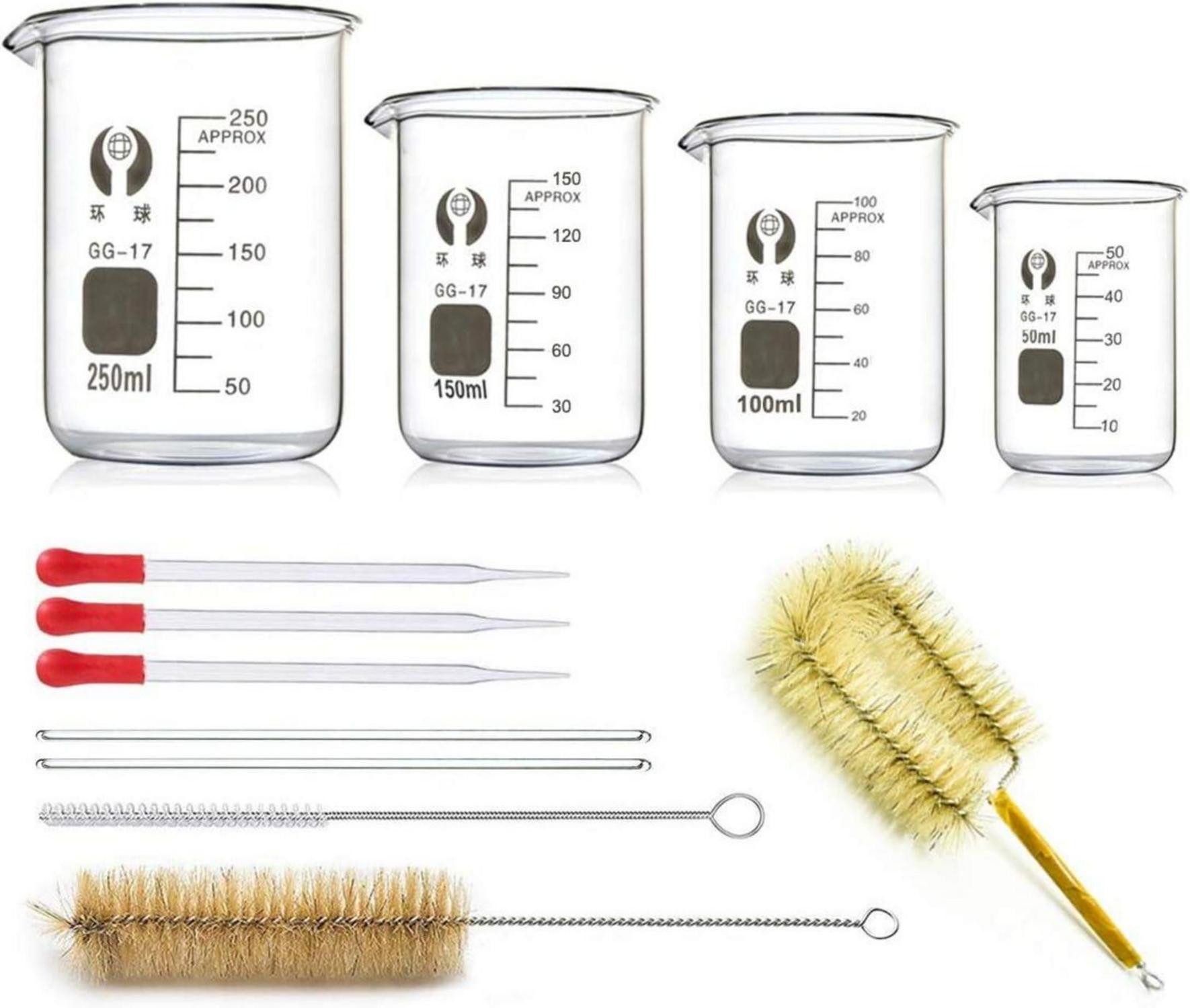 Gläser-Set 4 Borosilikatglas Bechergläser Set mit Pipetten, Bürsten, Glasstab