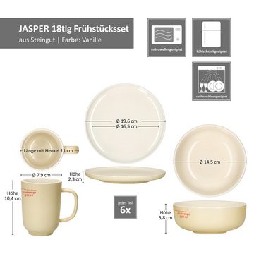 Ritzenhoff & Breker Frühstücks-Geschirrset Ritzenhoff Jasper 18tlg Frühstücksset Vanille Steingut Teller Becher, Steingut