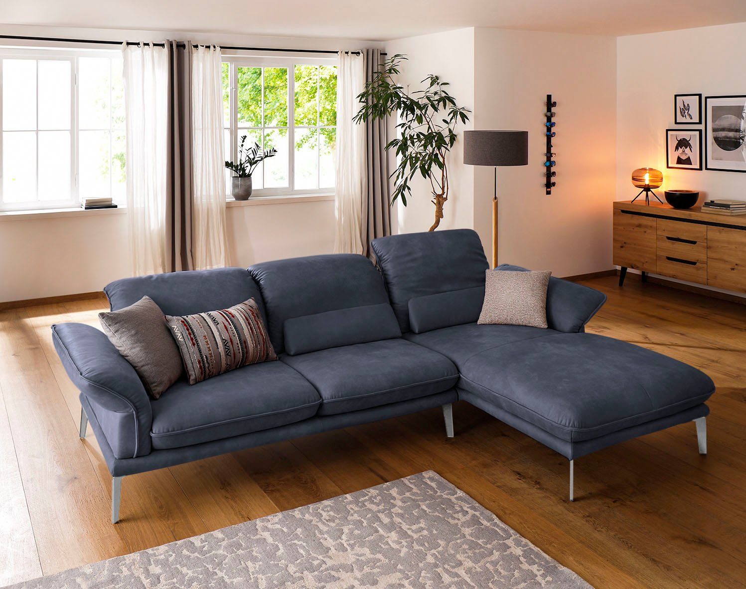 Ecksofa W.SCHILLIG Winkelfüße Z78 in Chrom glänzend, Kopfstützenverstellung, sherry, mit navy Breite 300cm