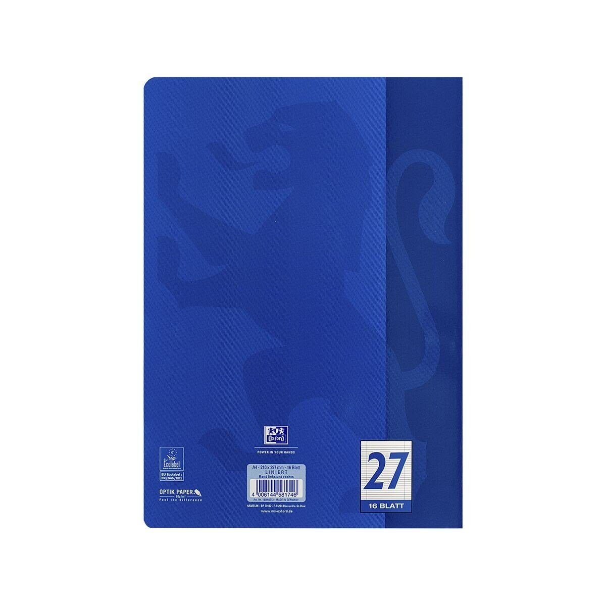 OXFORD Schulheft Schule, A4, liniert (Lineatur 27), Innen-/ Außenrand, ungelocht, 16 Blatt