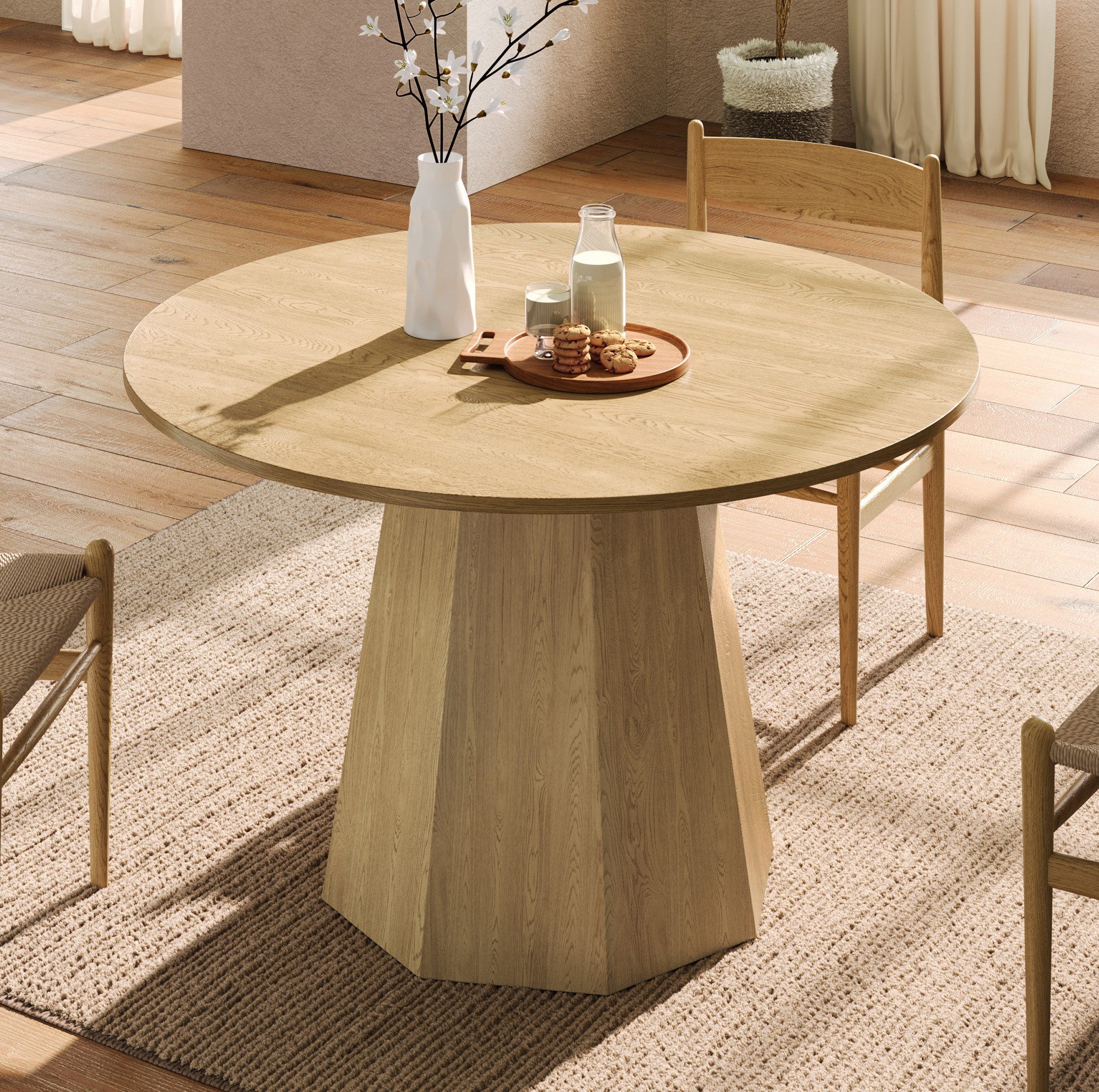 OKWISH Esstisch Runder Essplatz für 4–6 Personen – 120 cm (Packung, 1-St., Eiche, 120×120×75 cm, für Esszimmer & Wohnzimmer), skandinavisches Design, natürliche Maserung