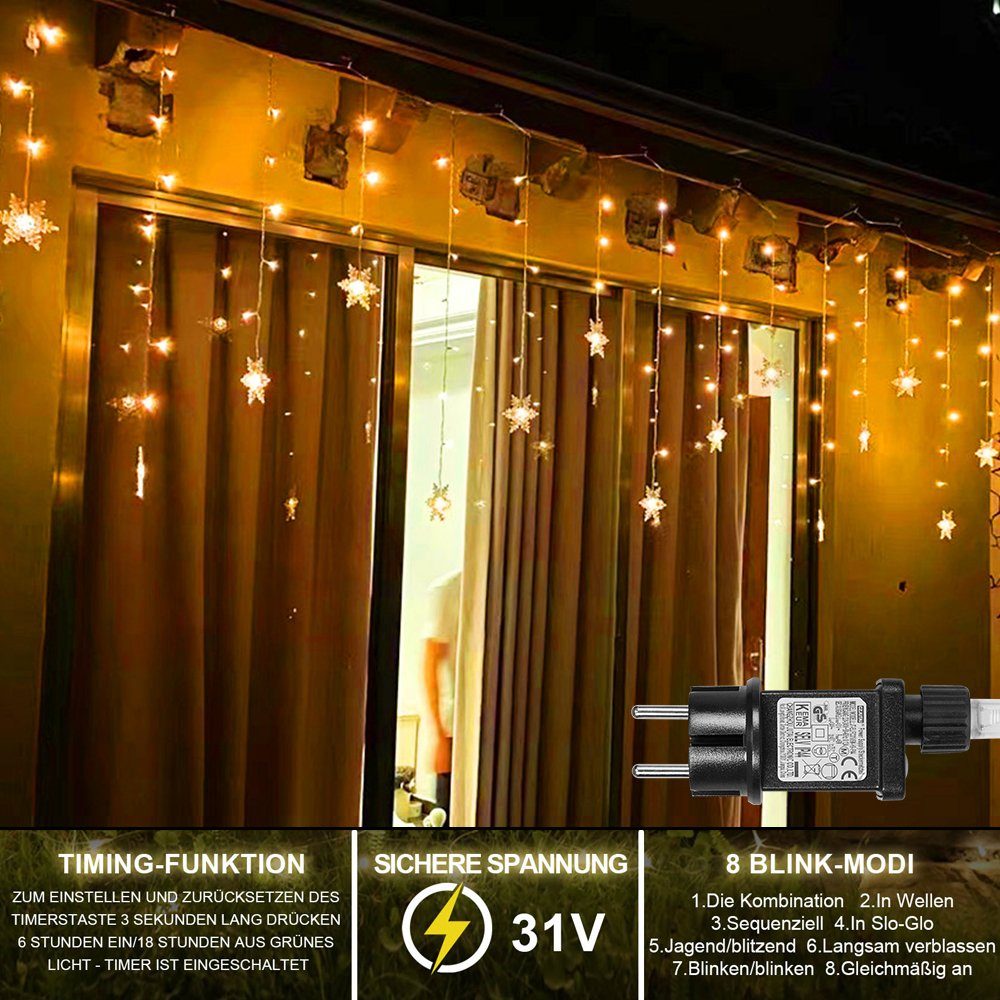 Weihnachten für 8 Rosnek Schneeflocke Vorhang verschiedene und LED-Lichterkette Lichter, String Märchen LED Warmweiß Party, Modi Speicherfunktionen